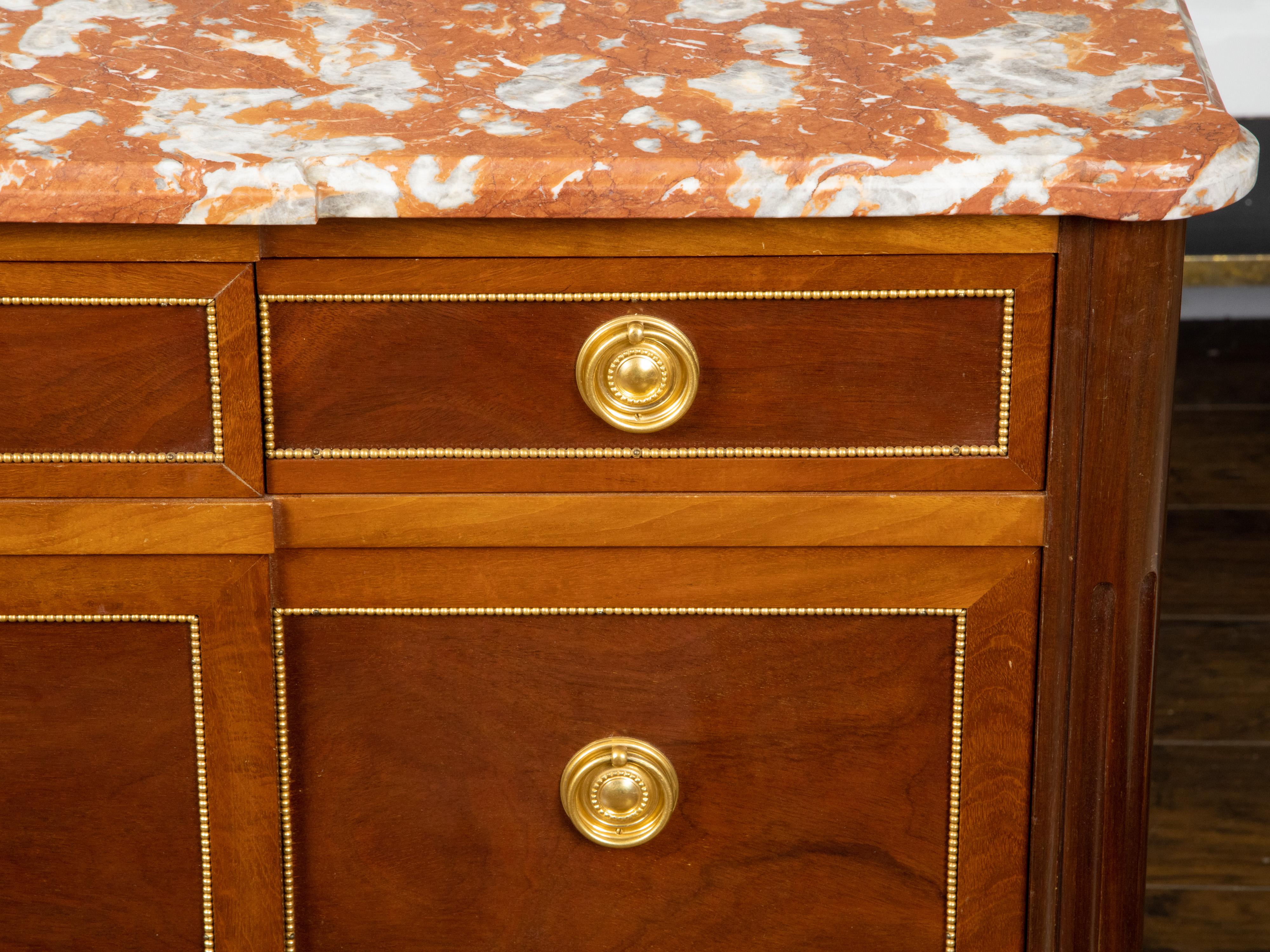 French Louis XVI Style 19th Century Walnut Commode with Red Marble Top For Sale 7