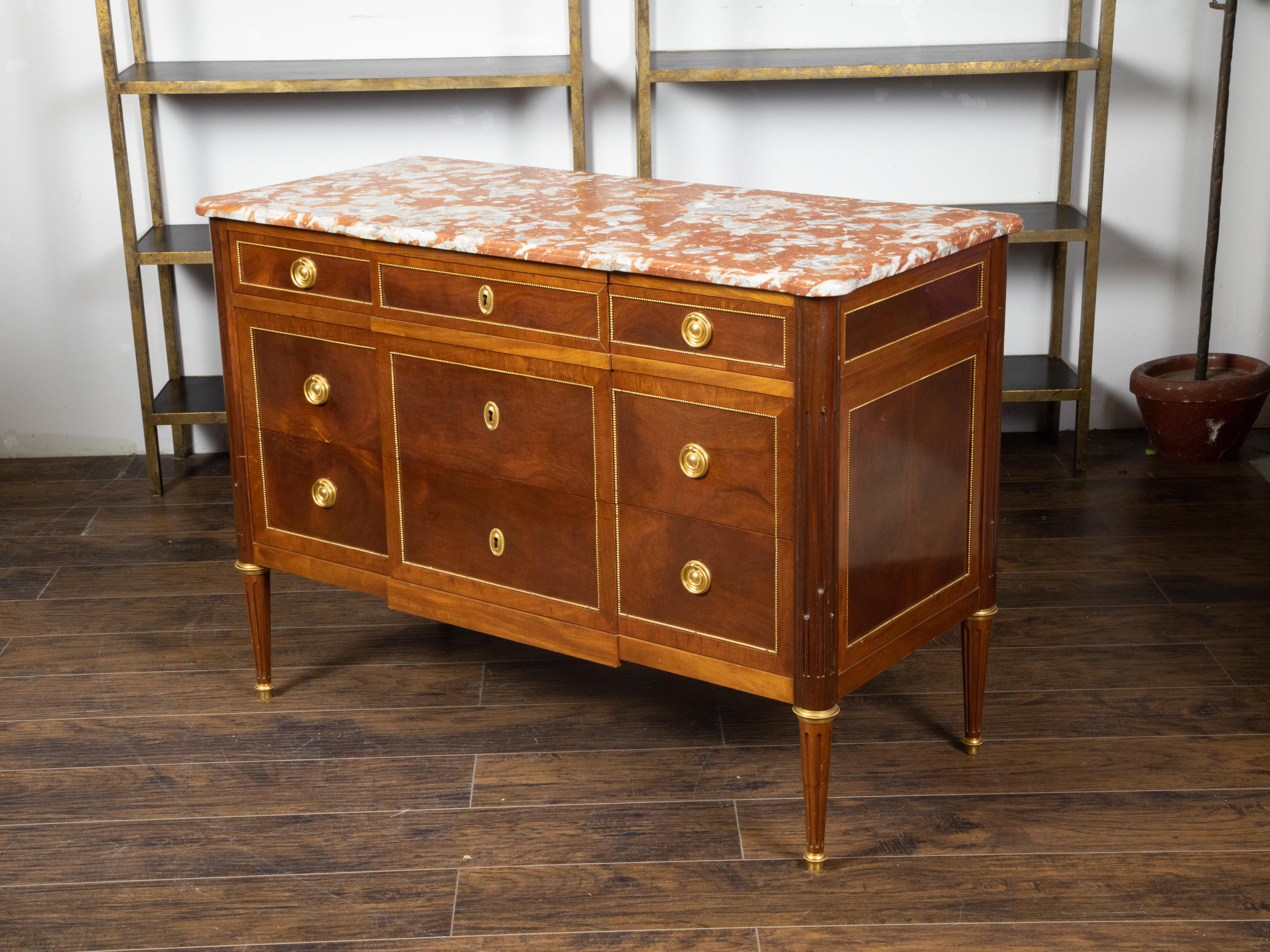 Gilt French Louis XVI Style 19th Century Walnut Commode with Red Marble Top For Sale