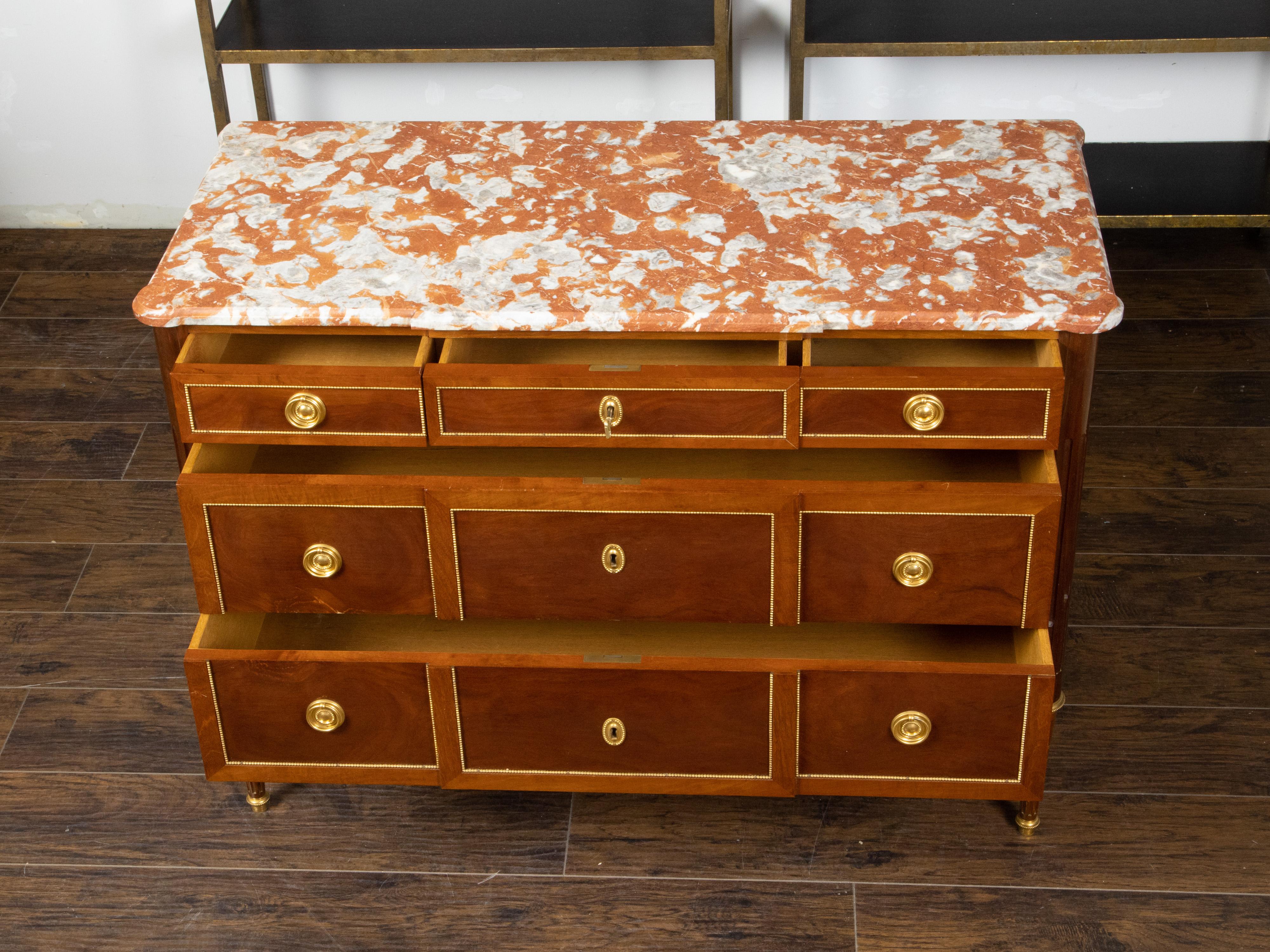 Bronze French Louis XVI Style 19th Century Walnut Commode with Red Marble Top For Sale