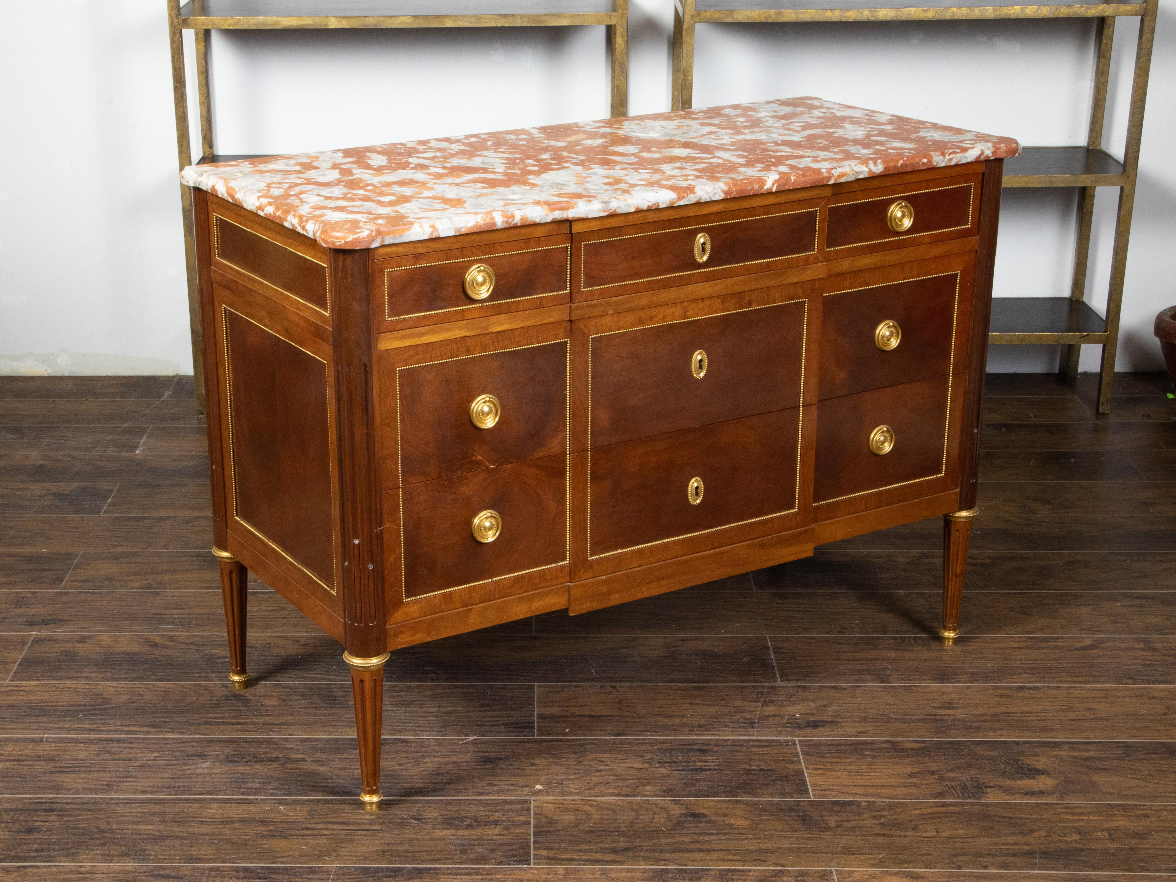 French Louis XVI Style 19th Century Walnut Commode with Red Marble Top For Sale 1