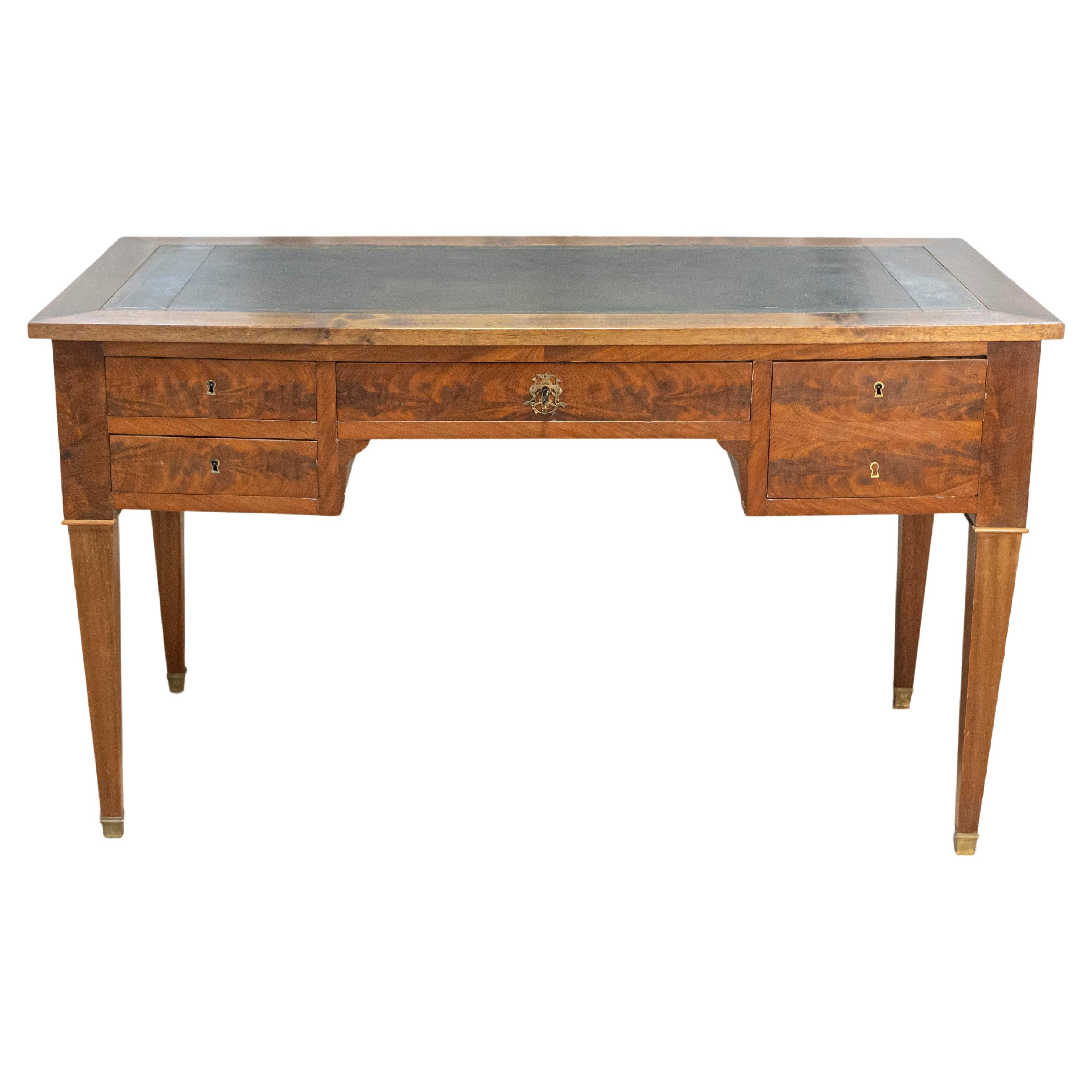 French Louis XVI Style 19th Century Walnut Leather Top Desk with Four Drawers