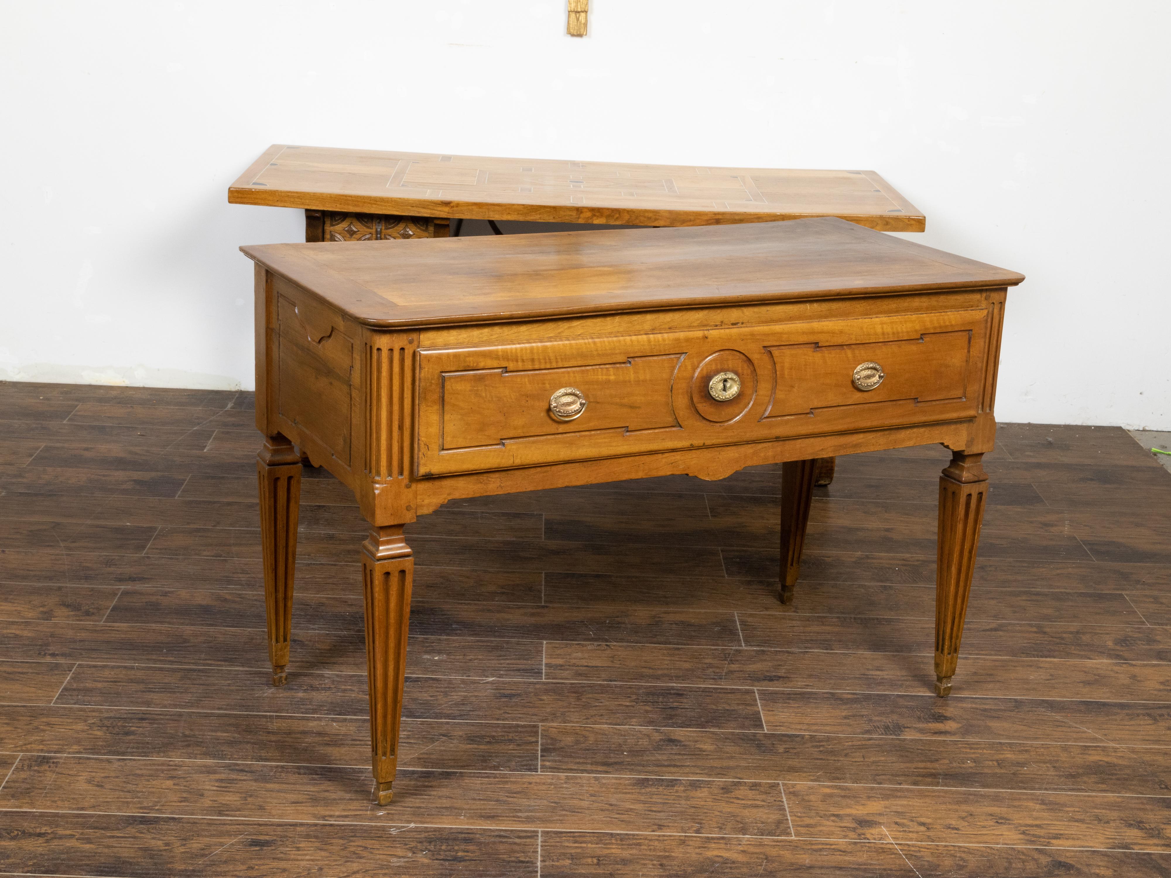 French Louis XVI Style 19th Century Walnut Table with Single Carved Drawer In Good Condition For Sale In Atlanta, GA