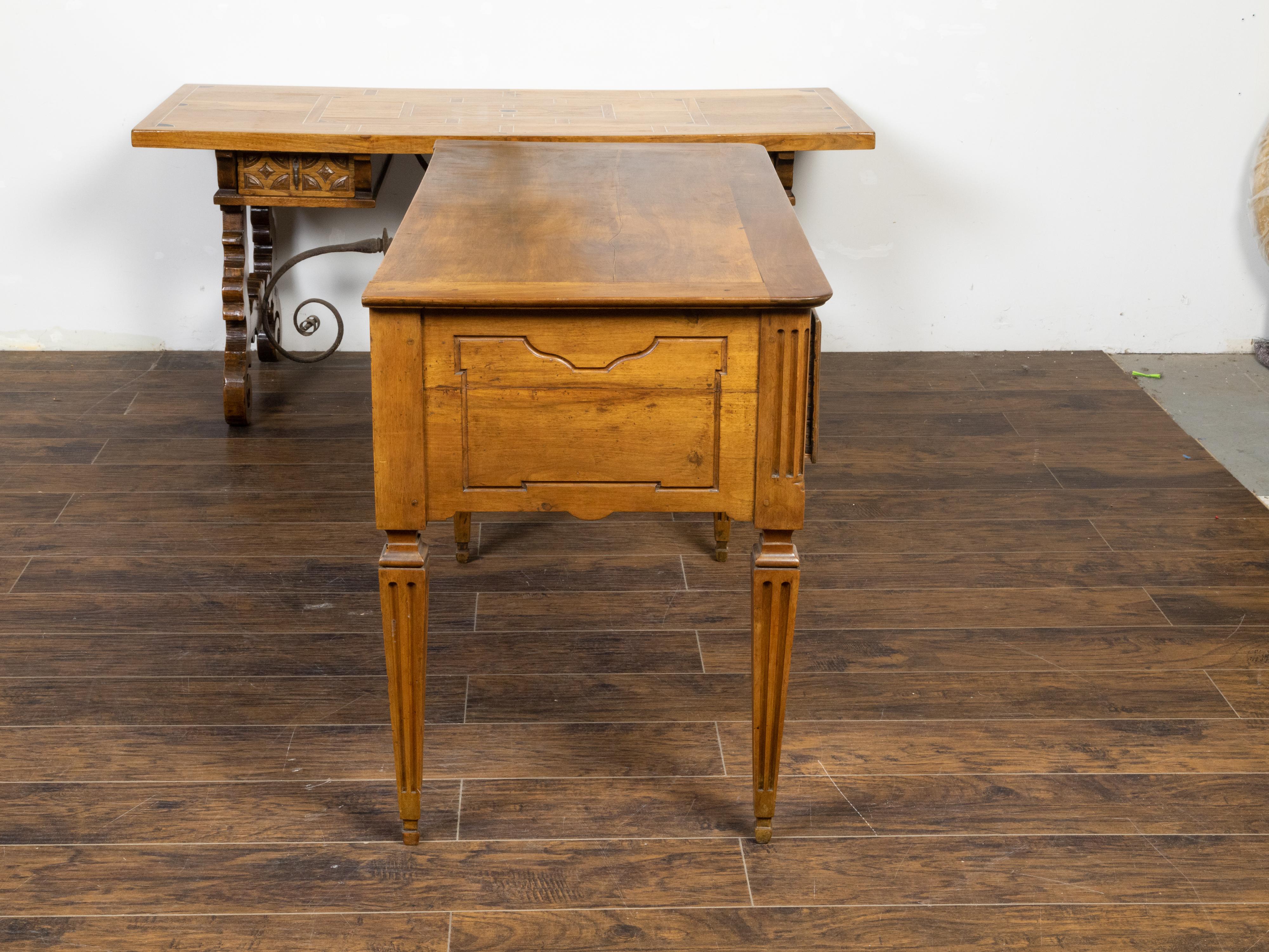 Brass French Louis XVI Style 19th Century Walnut Table with Single Carved Drawer For Sale