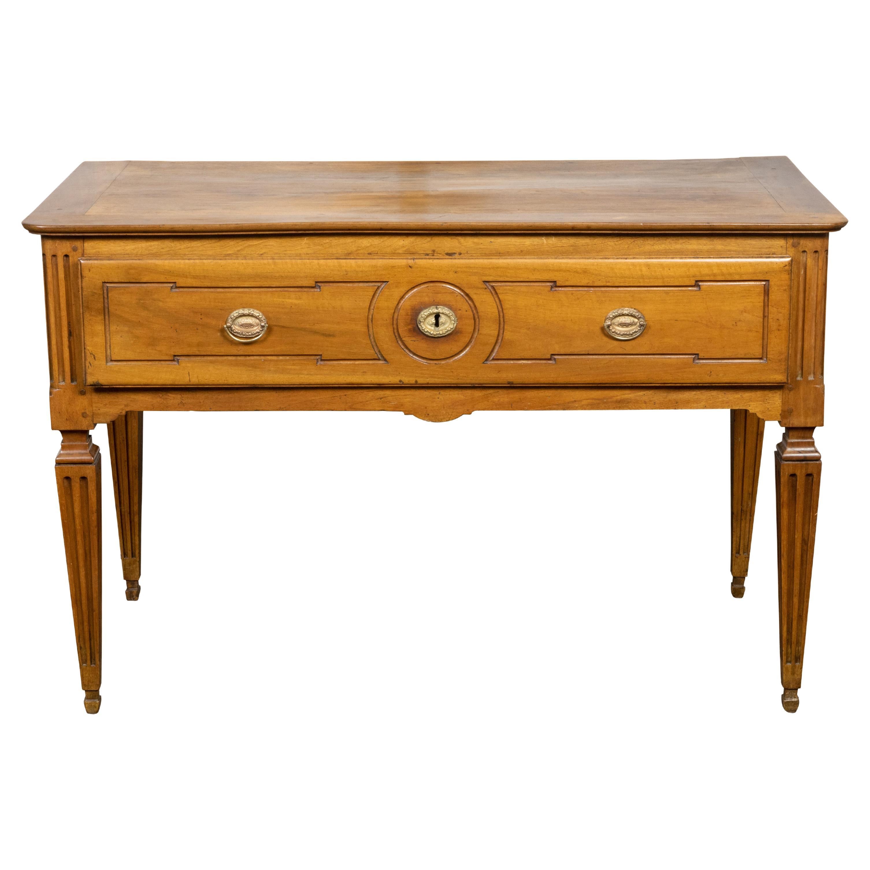 French Louis XVI Style 19th Century Walnut Table with Single Carved Drawer For Sale