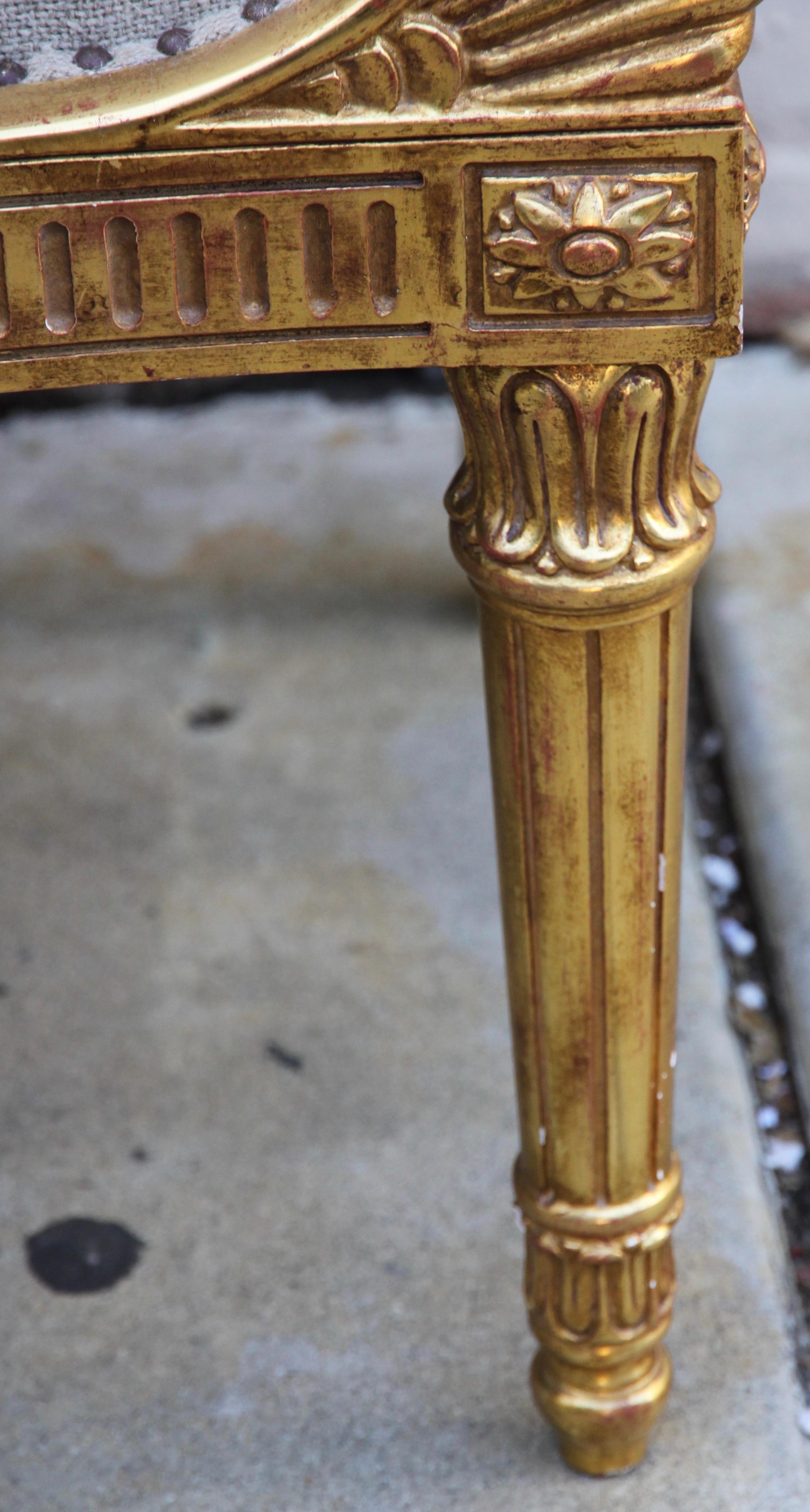 Linen French Louis XVI Style 22-Karat Giltwood Bench