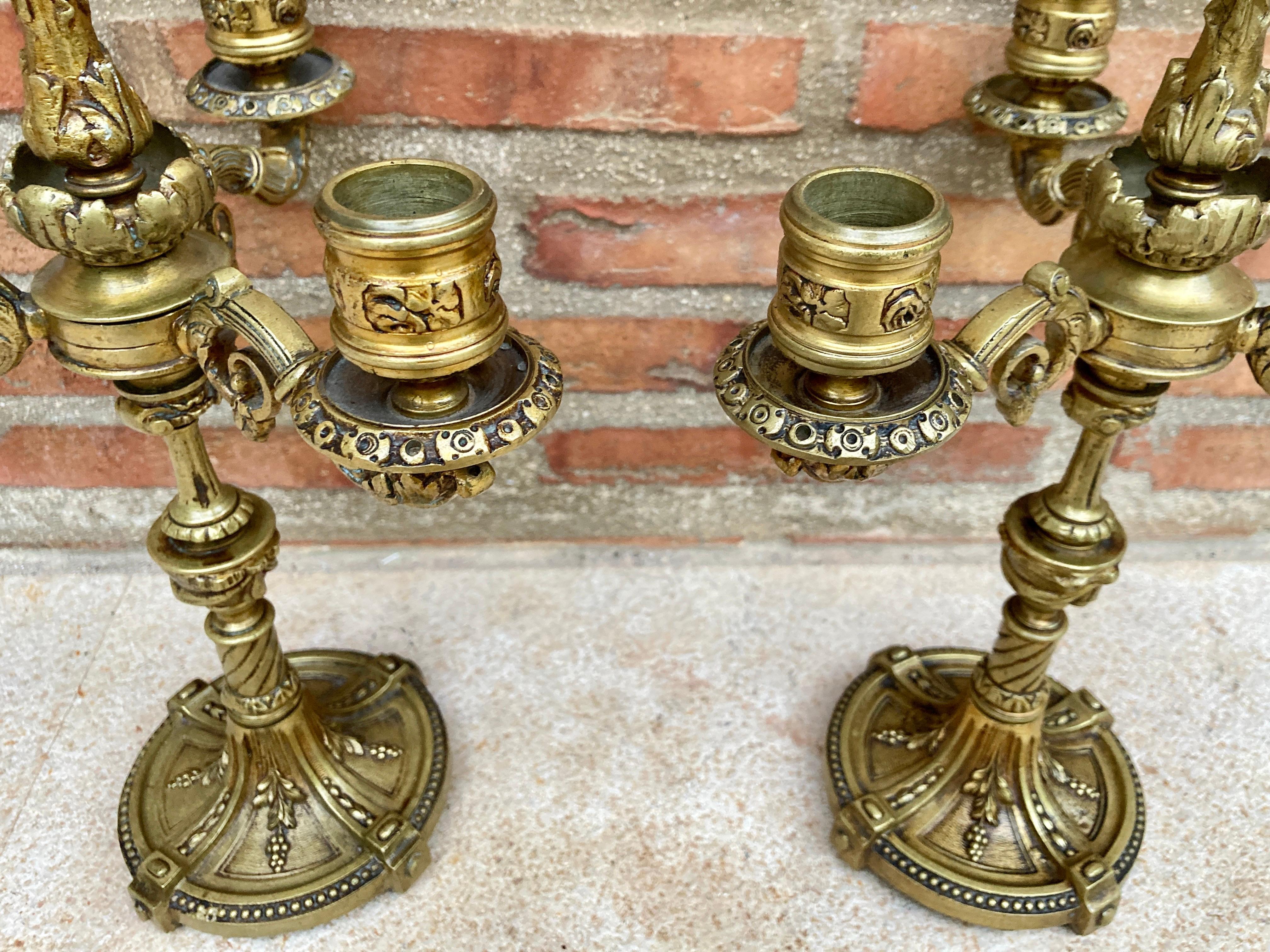 Baroque French Louis XVI Style 4 Light Candelabras in Gilt Bronze Set of 2 For Sale