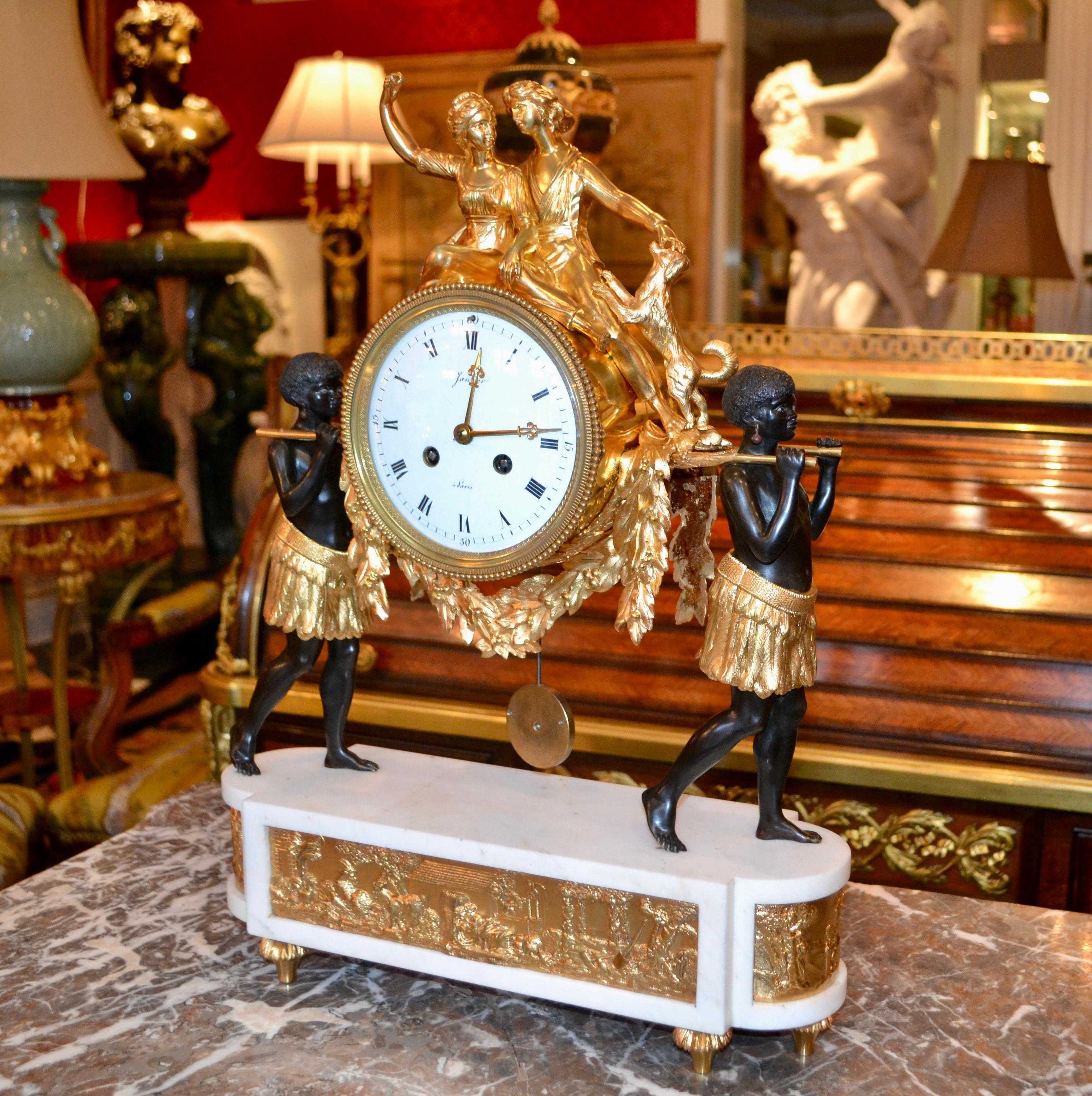 Patinated French Louis XVI Style Allegorical Clock  of “Paul and Virginie