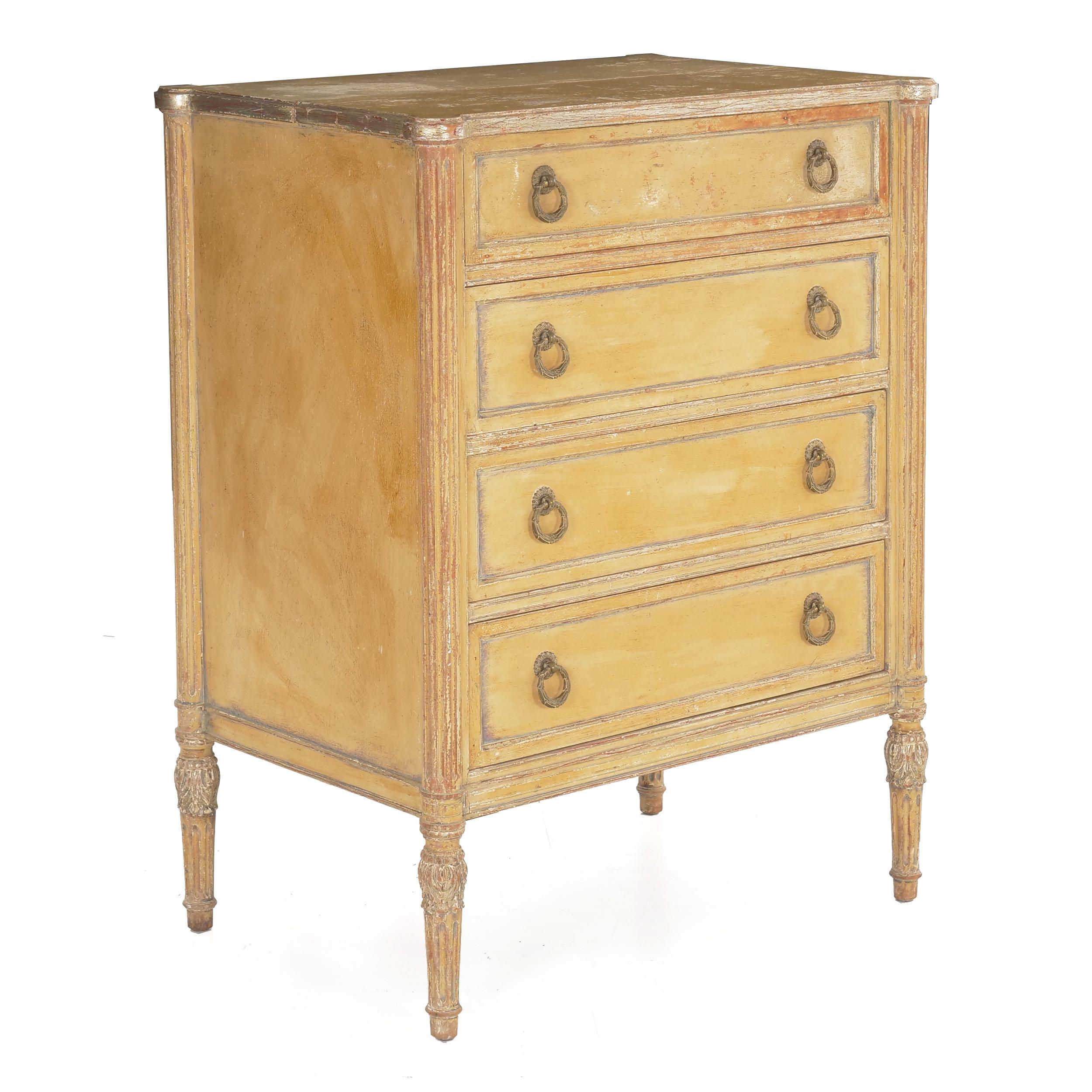 With a worn yellow painted surface with hints of red, brown and white beneath against sporadic silver highlights, this chest of drawers is a delightful piece that is both visually compelling and also incredibly useful. The top lifts to reveal a tidy