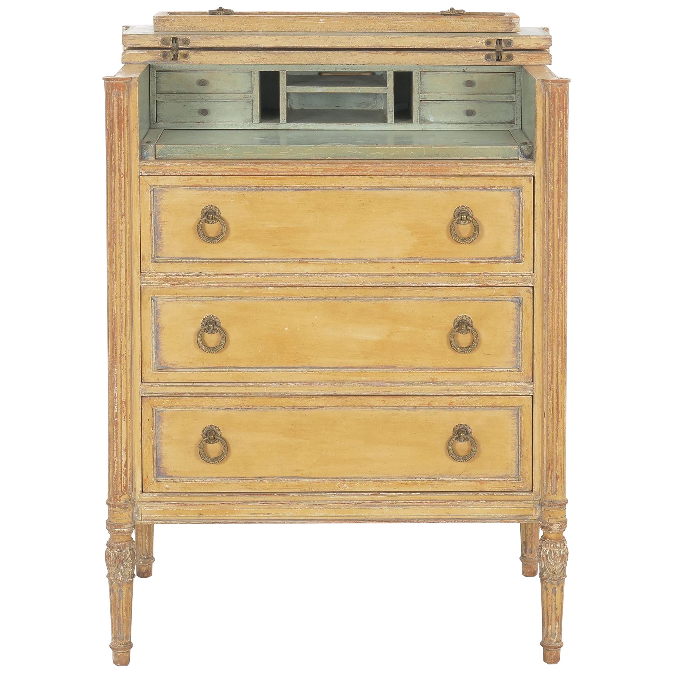 French Louis XVI Style Antique Painted Desk over Chest of Drawers circa 1940s