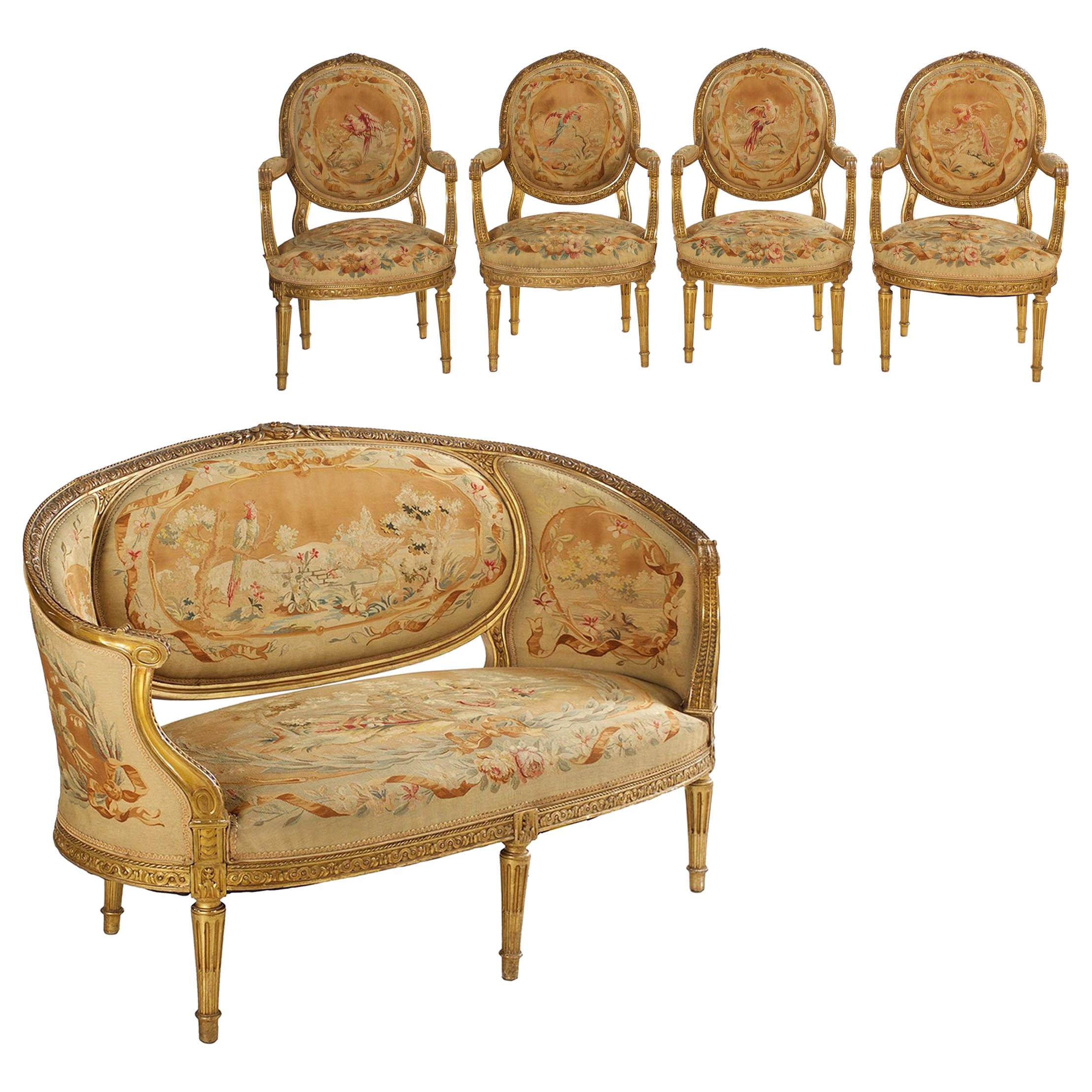 French Louis XVI Style Antique Salon Suite of Canapé & Four Chairs, circa 1890