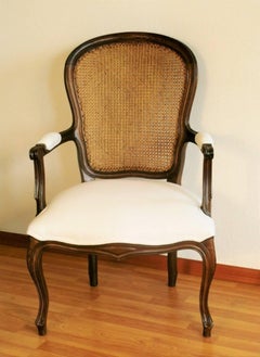 French Louis XVI Style Armchair Carved Walnut with Caned Backrest