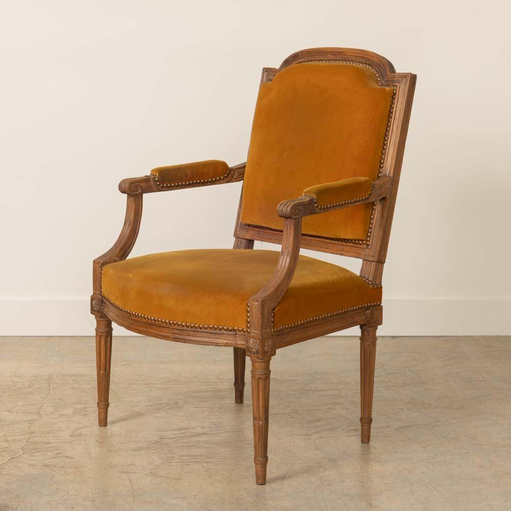 Schöner Sessel im Louis-XVI-Stil aus Frankreich, 1920er Jahre. Wunderschön geschwungene Holzarme und spitz zulaufende Holzfüße in einer mittleren Beize. Polsterung aus ockerfarbenem Samt im Vintage-Stil. Original Holzoberfläche mit einigen Schrammen