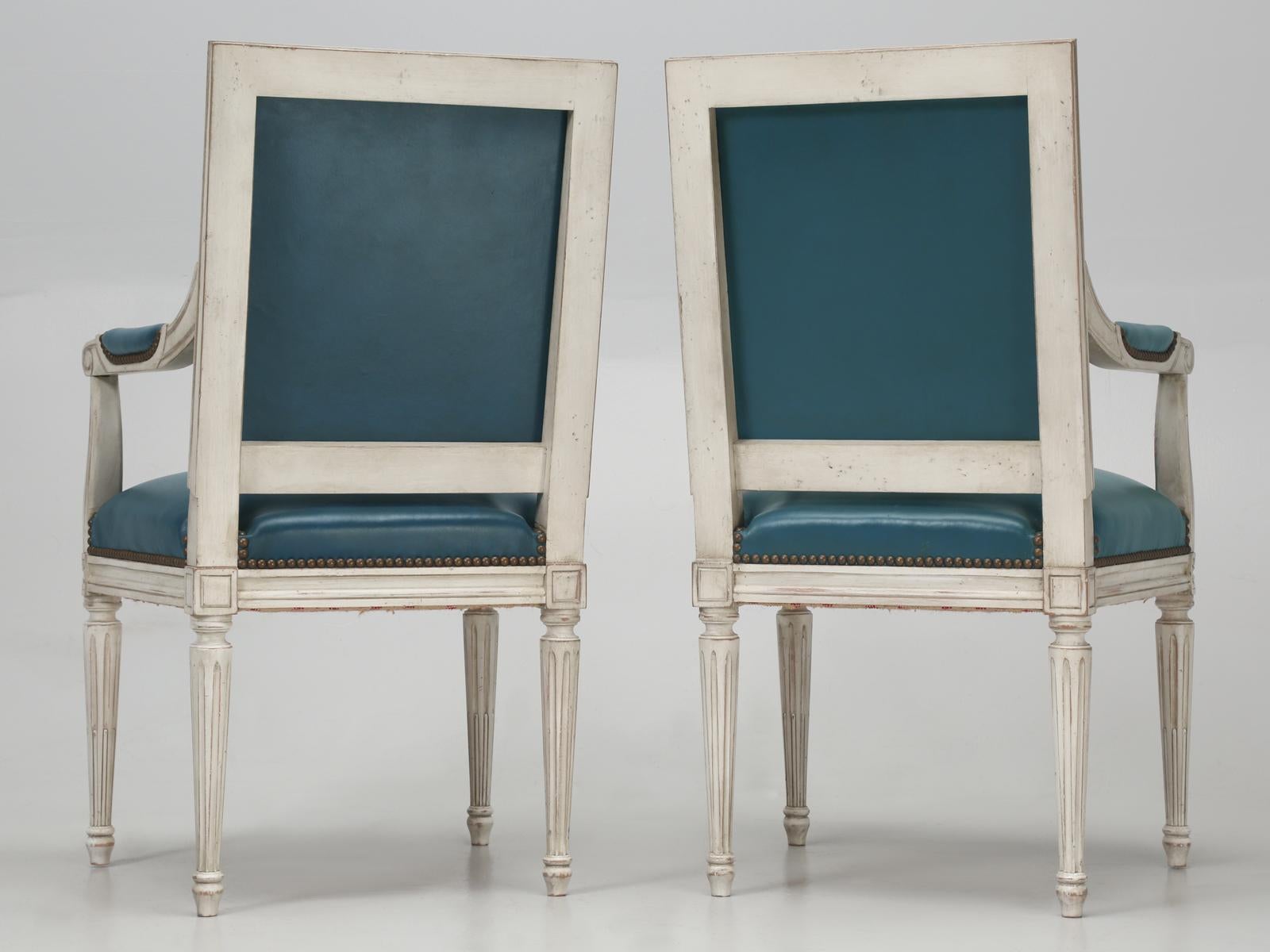 French Louis XVI Style Armchairs Custom Dyed Blue Leather Hand-Made in France For Sale 8