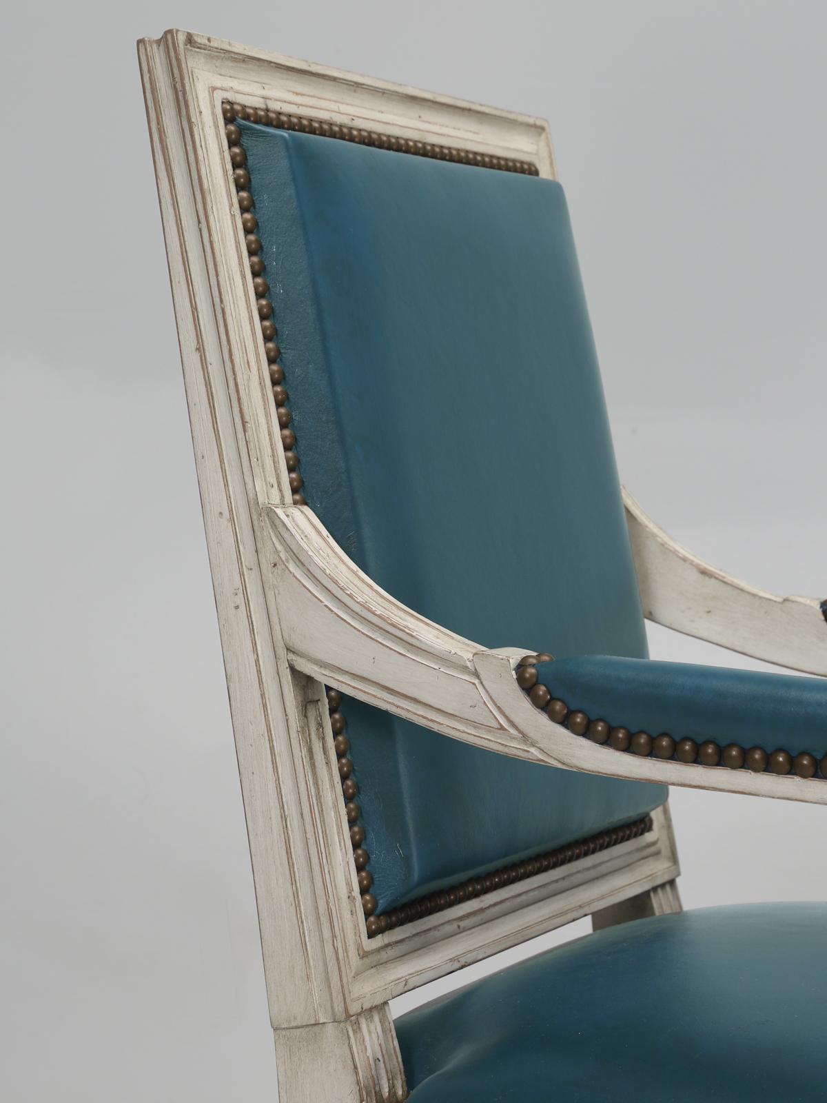 Contemporary French Louis XVI Style Armchairs Custom Dyed Blue Leather Hand-Made in France For Sale