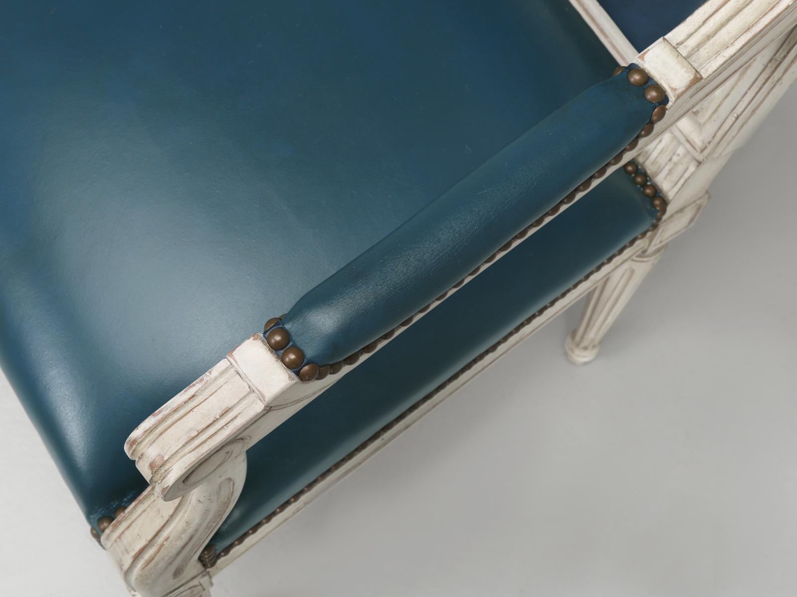 Beech French Louis XVI Style Armchairs Custom Dyed Blue Leather Hand-Made in France For Sale
