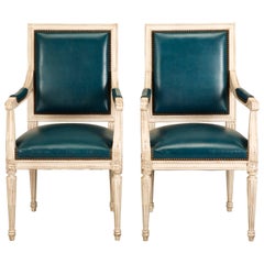 French Louis XVI Style Armchairs in a Custom Dyed Blue Leather
