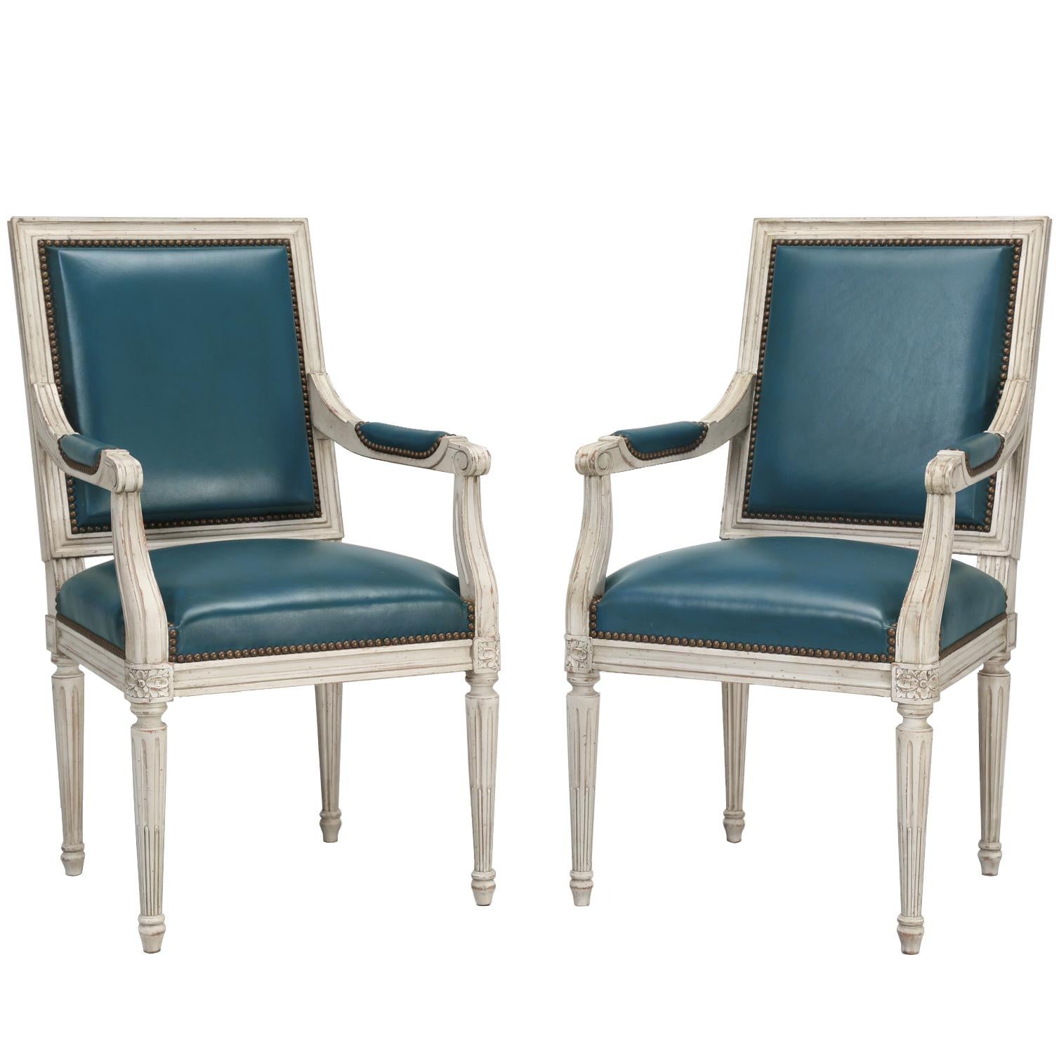 French Louis XVI Style Armchairs Custom Dyed Blue Leather Hand-Made in France For Sale