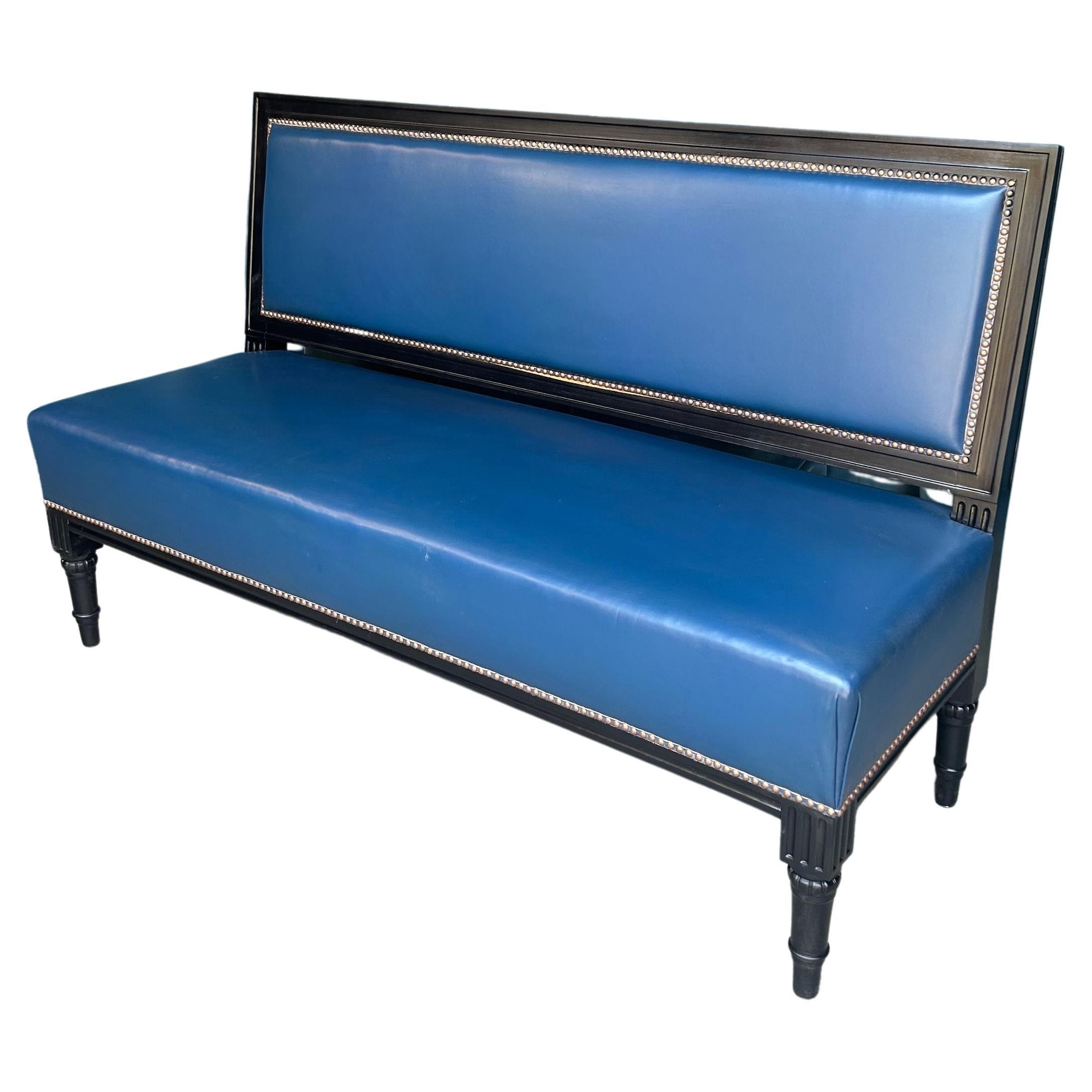 French Louis XVI Style Banquette in Blue Leather