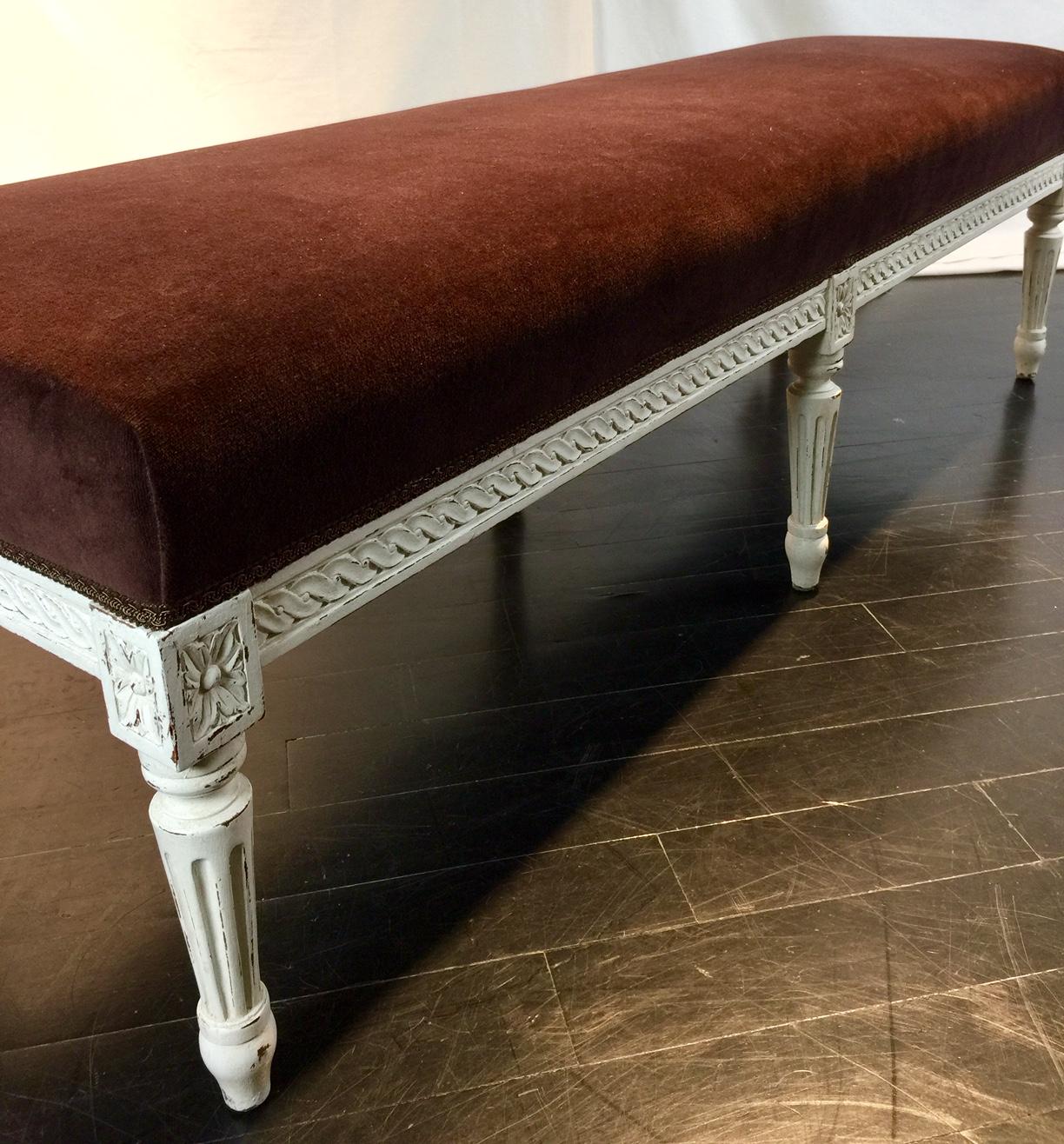 French Louis XVI Style Banquette, Off-White Canvas, Grey and Gilt Patinated Wood 8