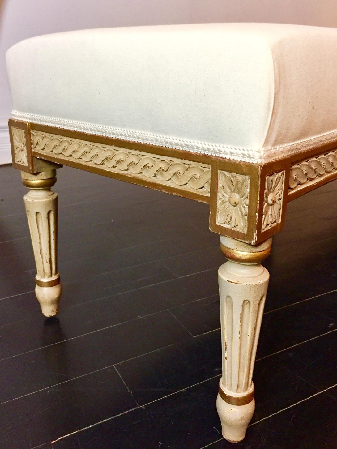 French Louis XVI style banquette
This beautiful and versatile banquette by Massant is the perfect decorative accessory at the foot of a bed, at a table, in a hallway, an entrance, and myriad uses. 
We have various models available in varying wood