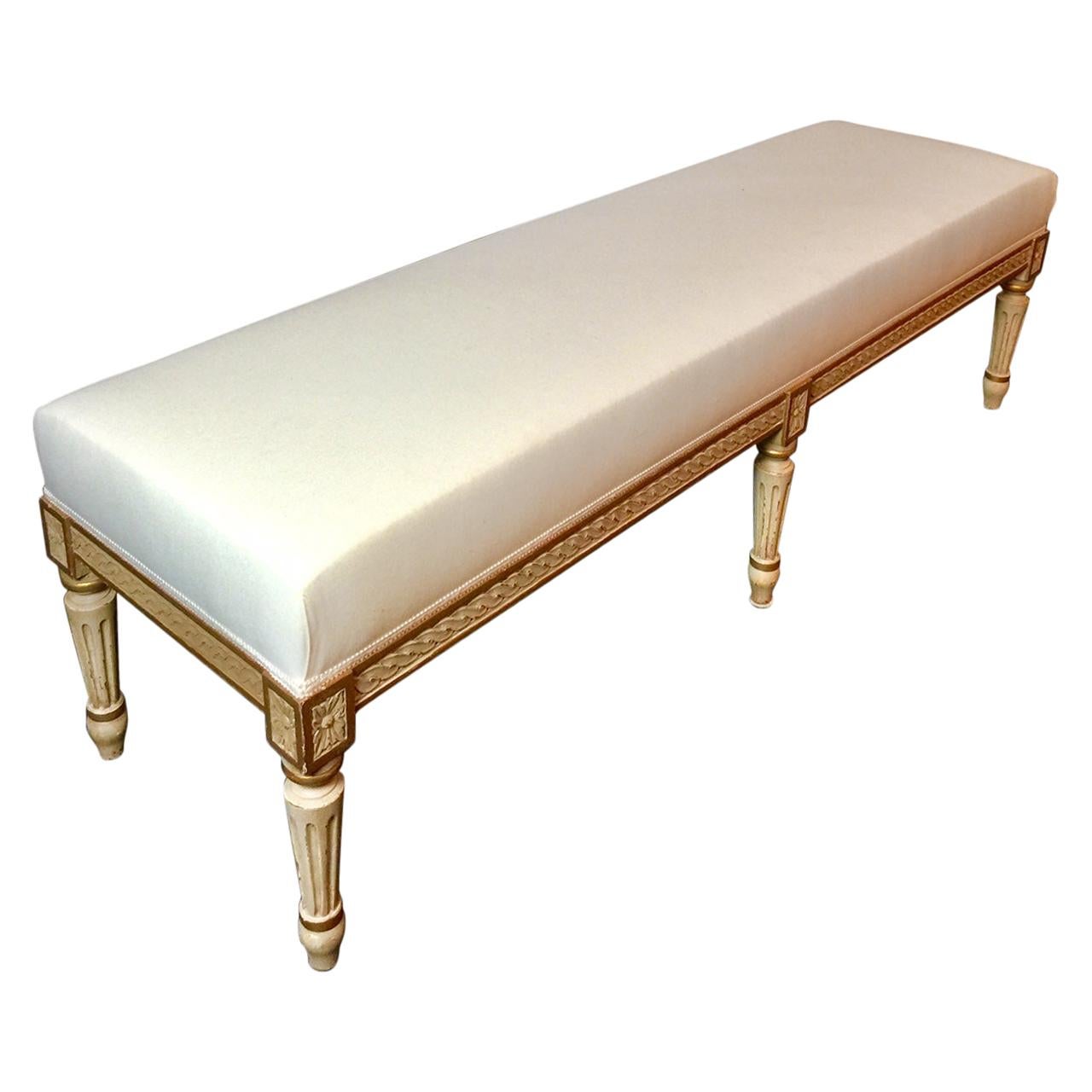 French Louis XVI Style Banquette, Off-White Canvas, Grey and Gilt Patinated Wood
