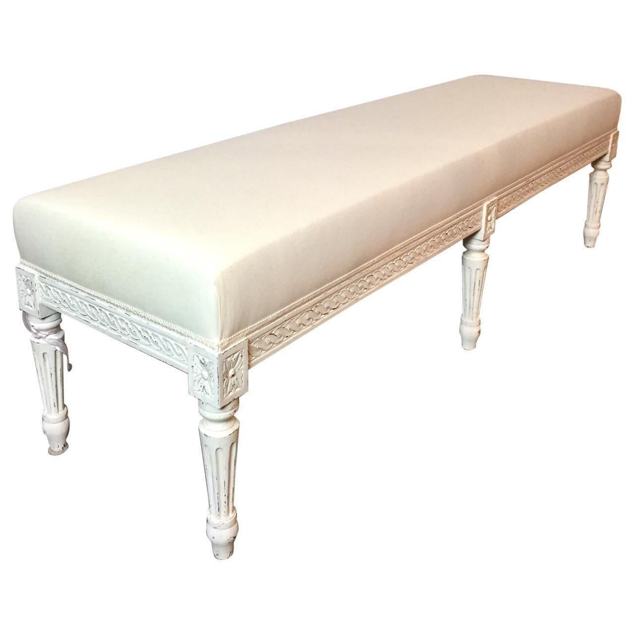 French Louis XVI Style Banquette, Off-White Canvas, White Patinated Wood For Sale