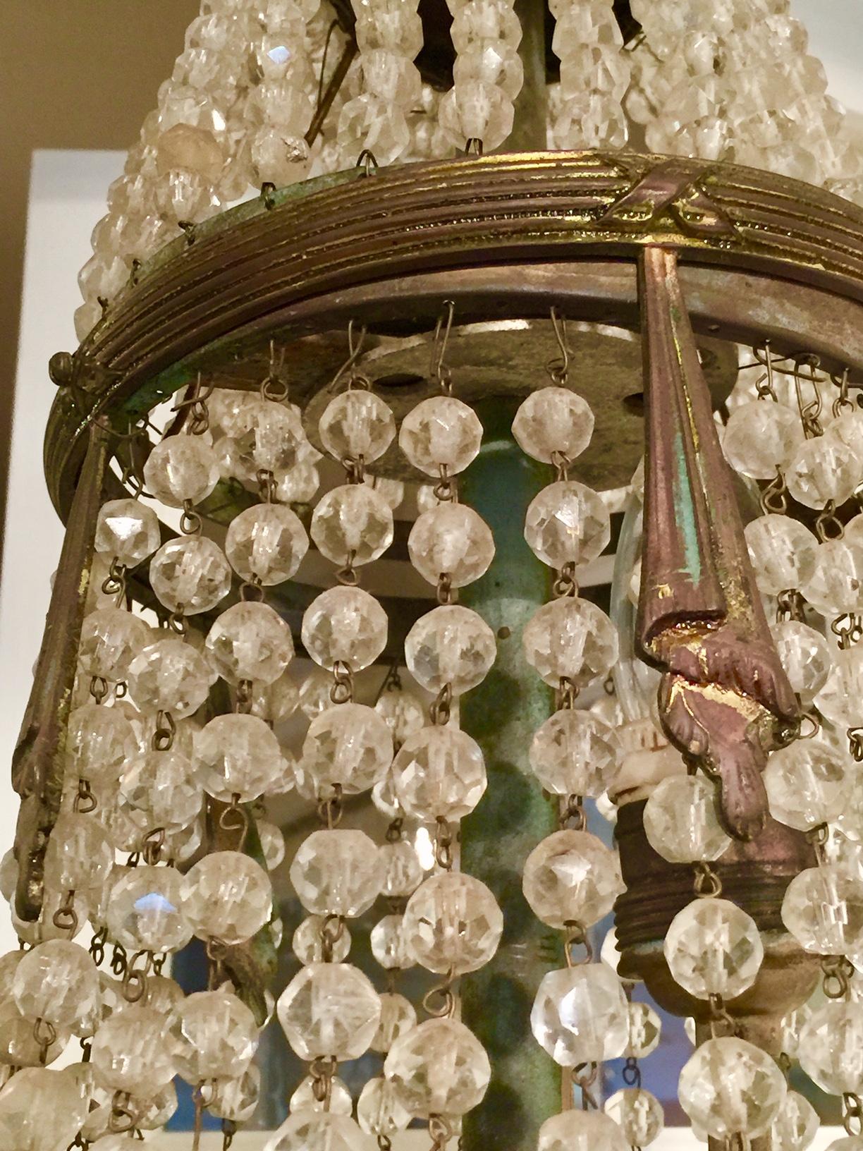 French Louis XVI Style Basket 'Panier' Chandelier, Bronze, Crystal & Glass 10