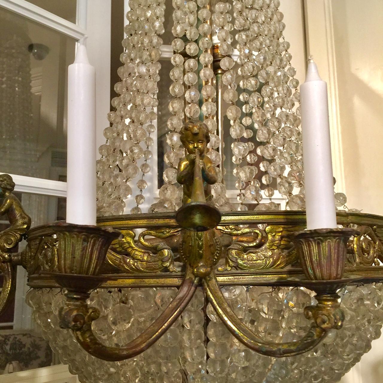 French Louis XVI Style Basket 'Panier' Chandelier, Bronze, Crystal & Glass In Good Condition In Montreal, Quebec