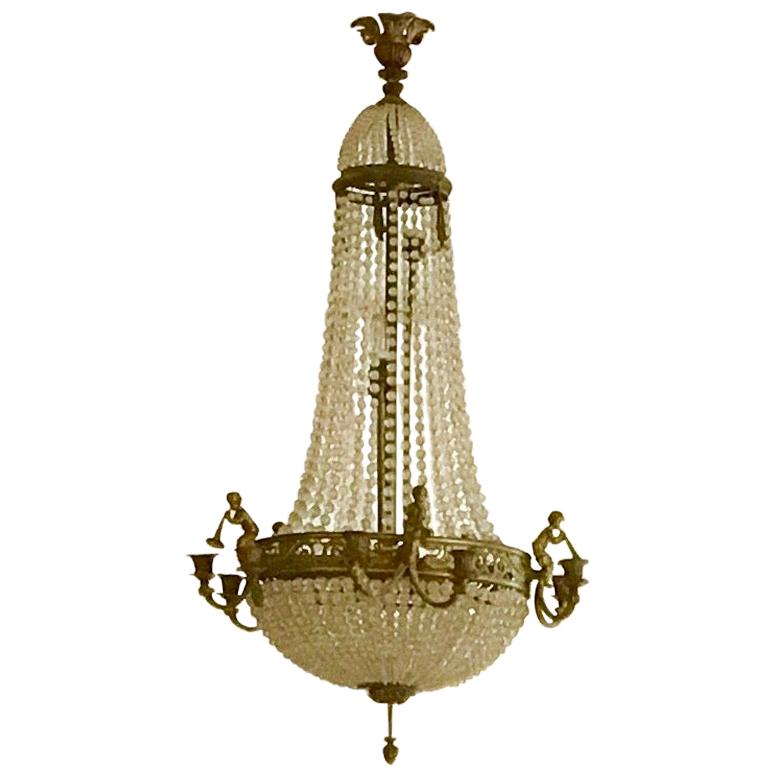French Louis XVI Style Basket 'Panier' Chandelier, Bronze, Crystal & Glass