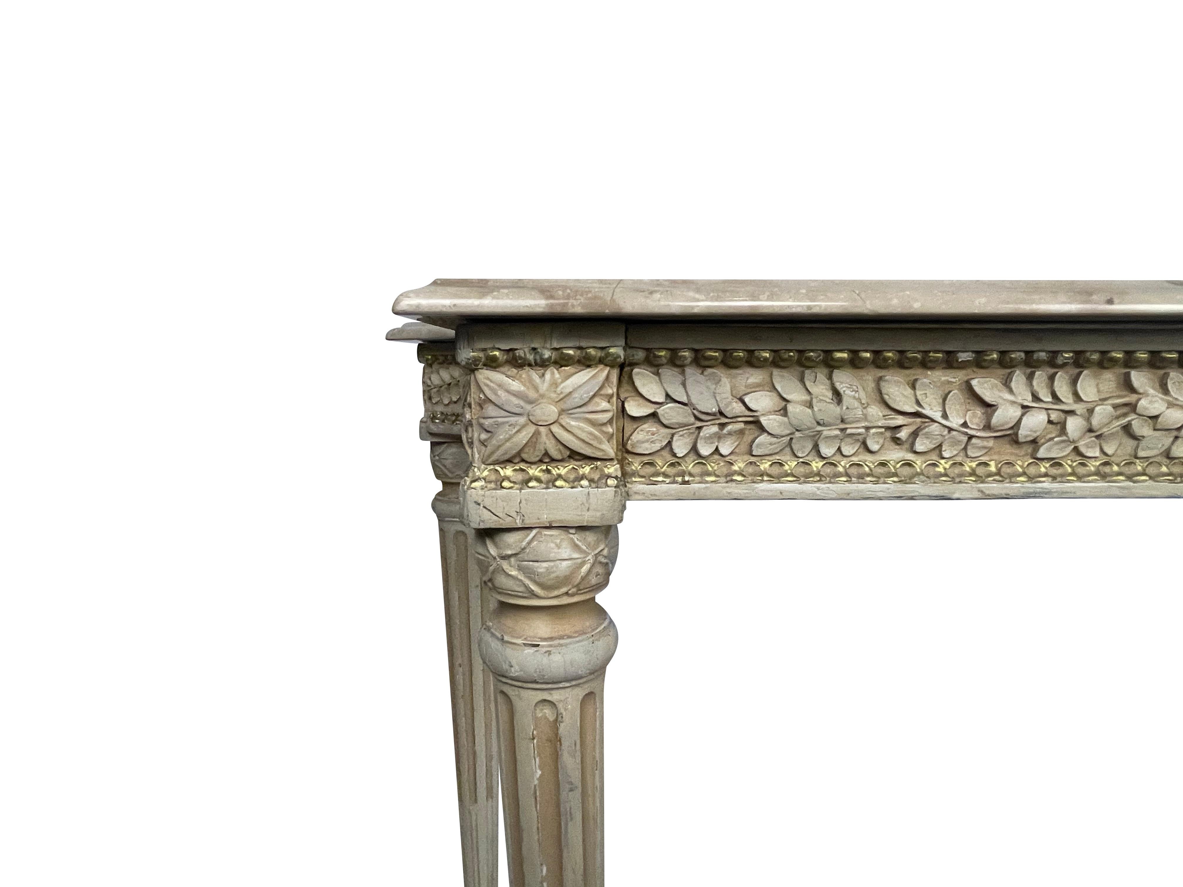 Wood French Louis XVI Maison Jansen Beige and Gold Carved Console Table