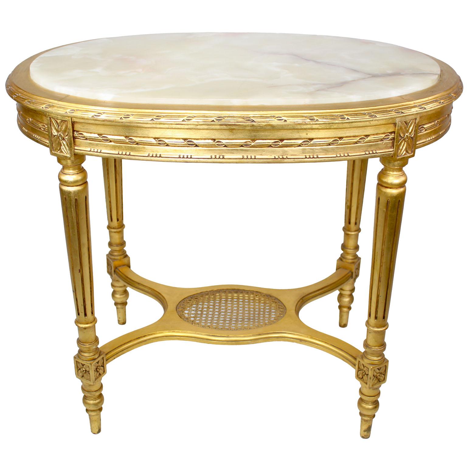 20th Century French Louis XVI Style Belle Époque Oval Giltwood Carved Center Table w/Onyx Top For Sale