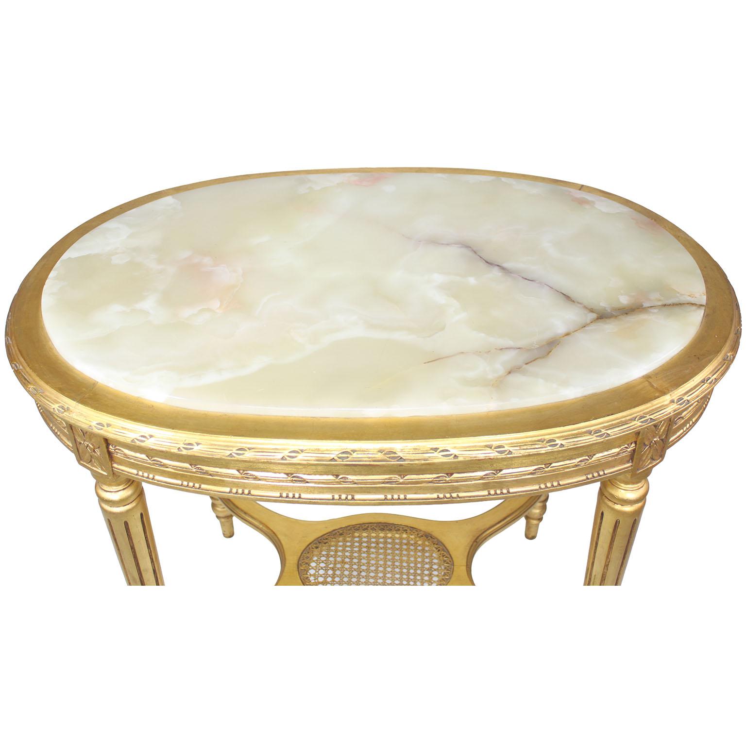 French Louis XVI Style Belle Époque Oval Giltwood Carved Center Table w/Onyx Top For Sale 1