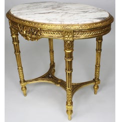 French Louis XVI Style Belle Époque Oval Giltwood Carved Marble-Top Center Table