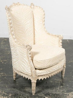 Jansen Style, Louis XVI, French Armchair, Ivory Painted Wood, Silk, 1930s
