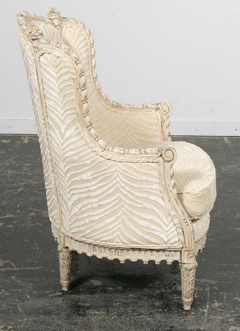 Hand-Painted Jansen Style, Louis XVI, French Armchair, Ivory Painted Wood, Silk, 1930s For Sale