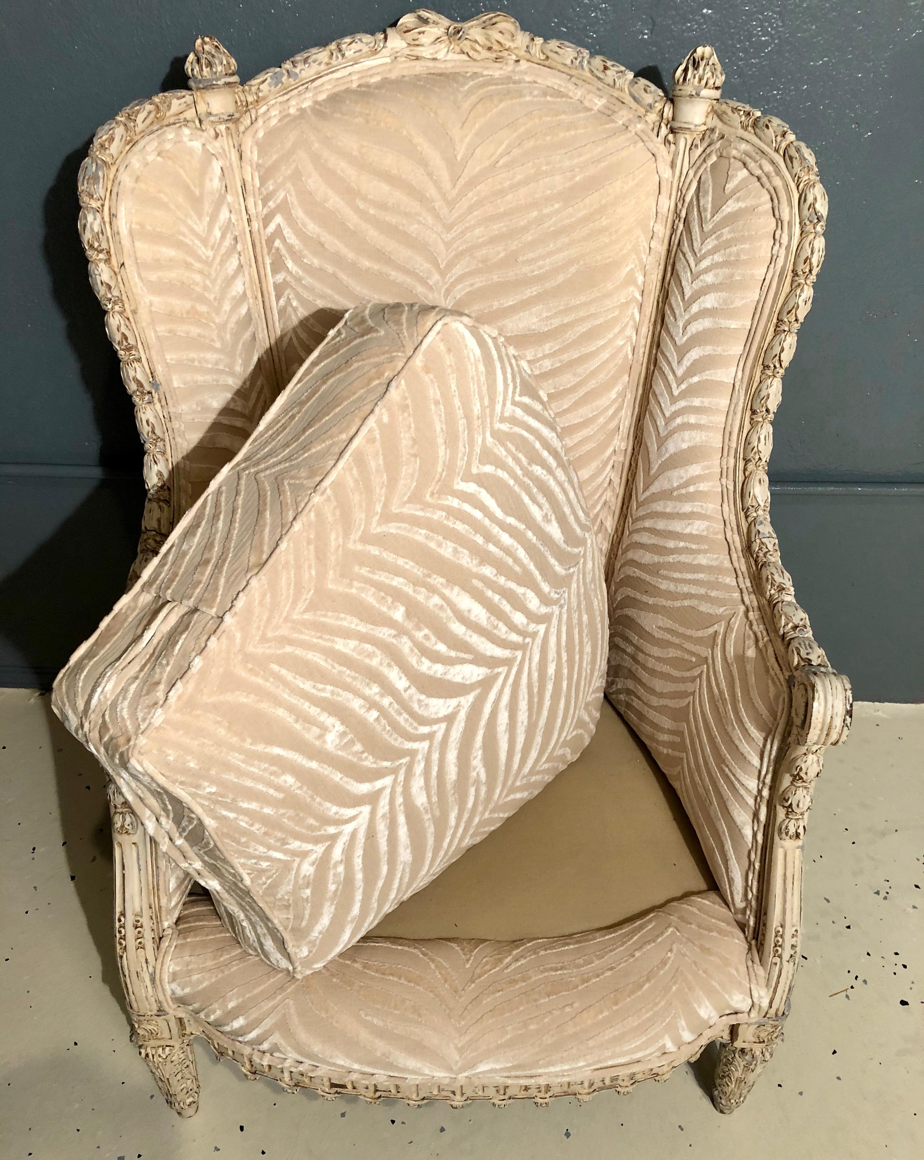 Velvet Jansen Style, Louis XVI, French Armchair, Ivory Painted Wood, Silk, 1930s For Sale