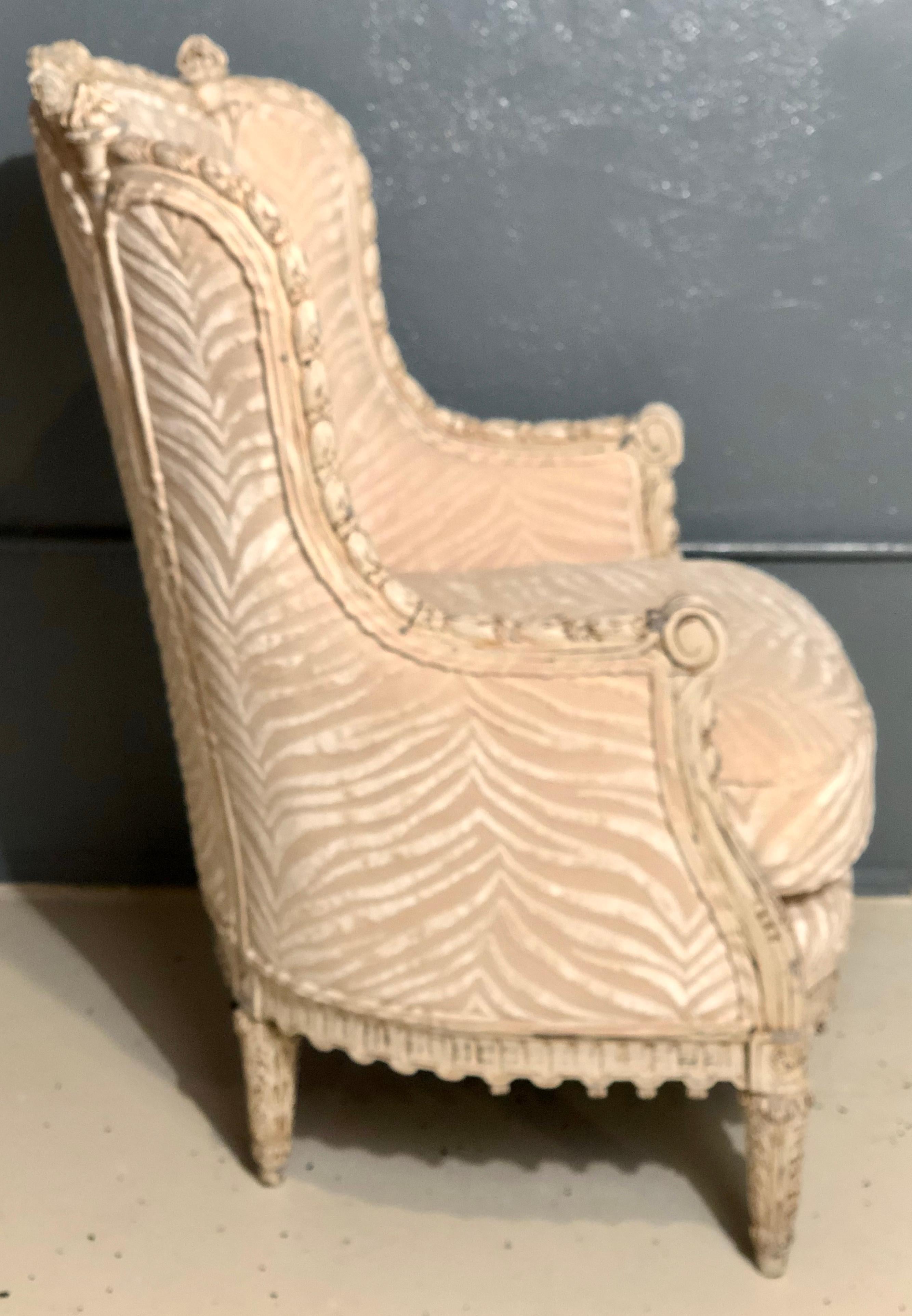Jansen Style, Louis XVI, French Armchair, Ivory Painted Wood, Silk, 1930s For Sale 2