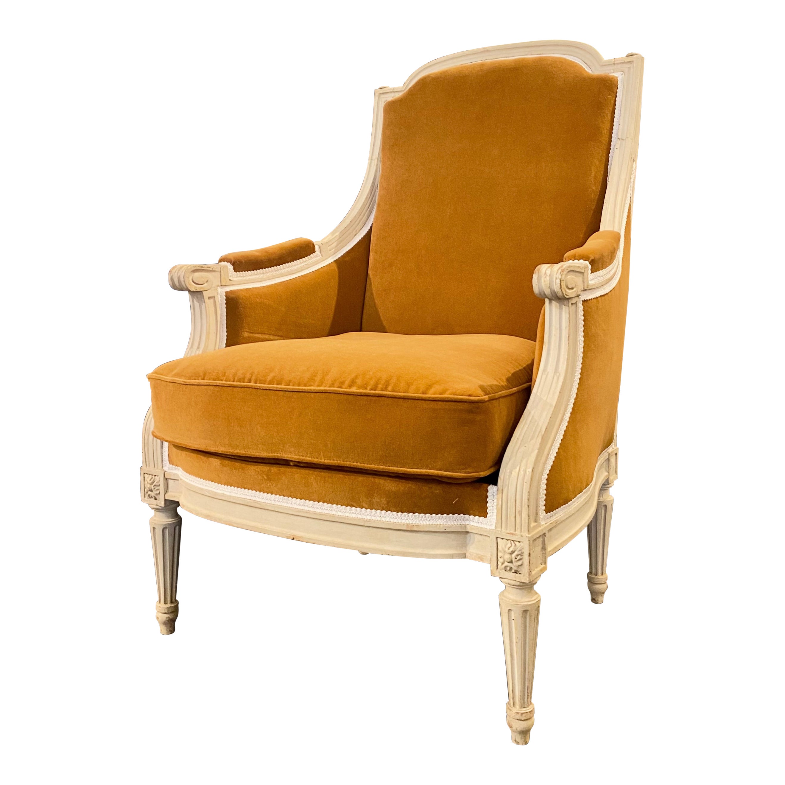 Poltrona Bergère francese in stile Luigi XVI in velluto caramello