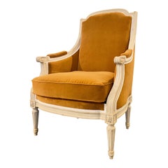 French Louis XVI Style Bergère Armchair in Caramel Velvet