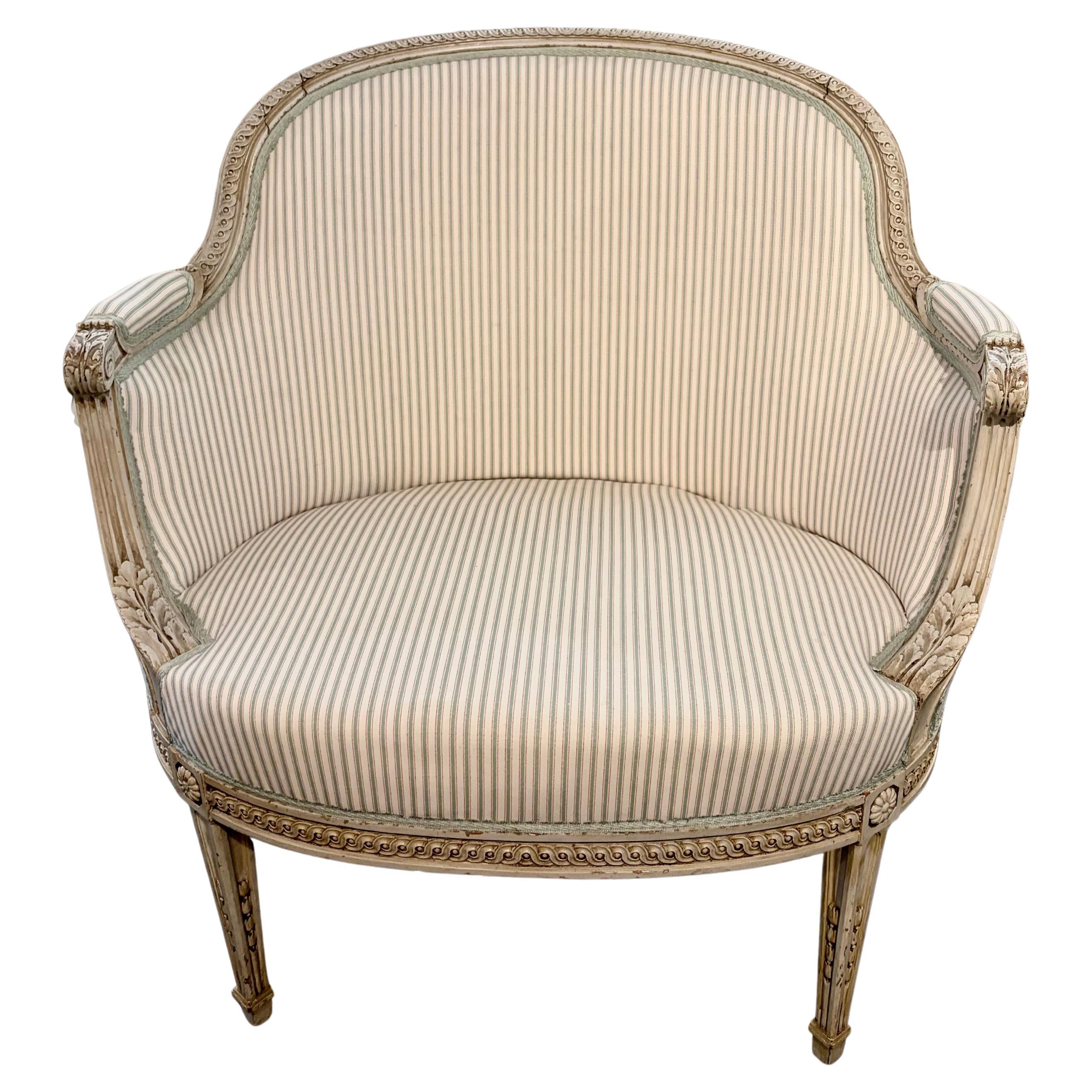 French Louis XVI Style Bergère Armchair, Striped Upholstery For Sale