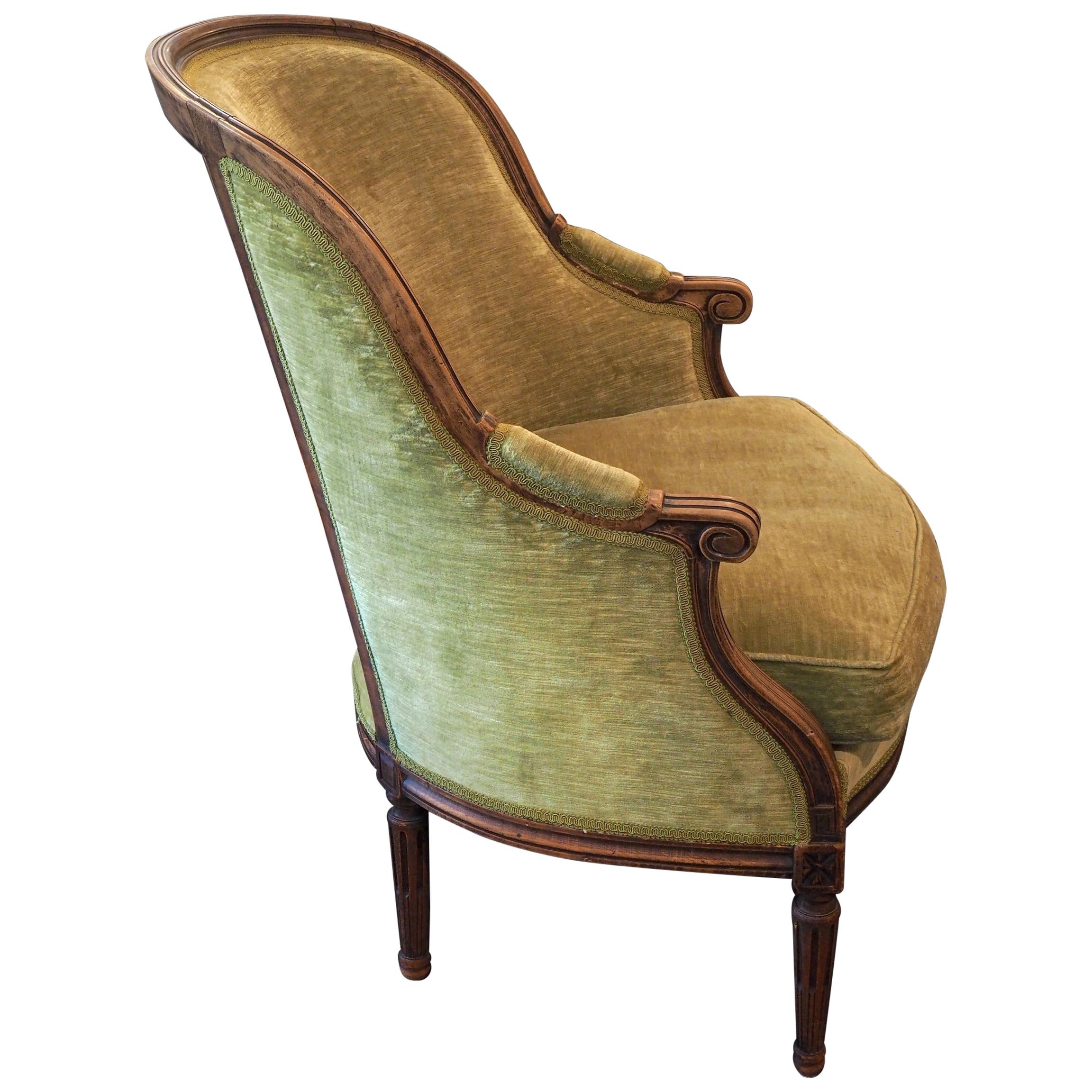 French Louis XVI Style Bergère Armchair Upholstered Green Velvet, 19th Century For Sale