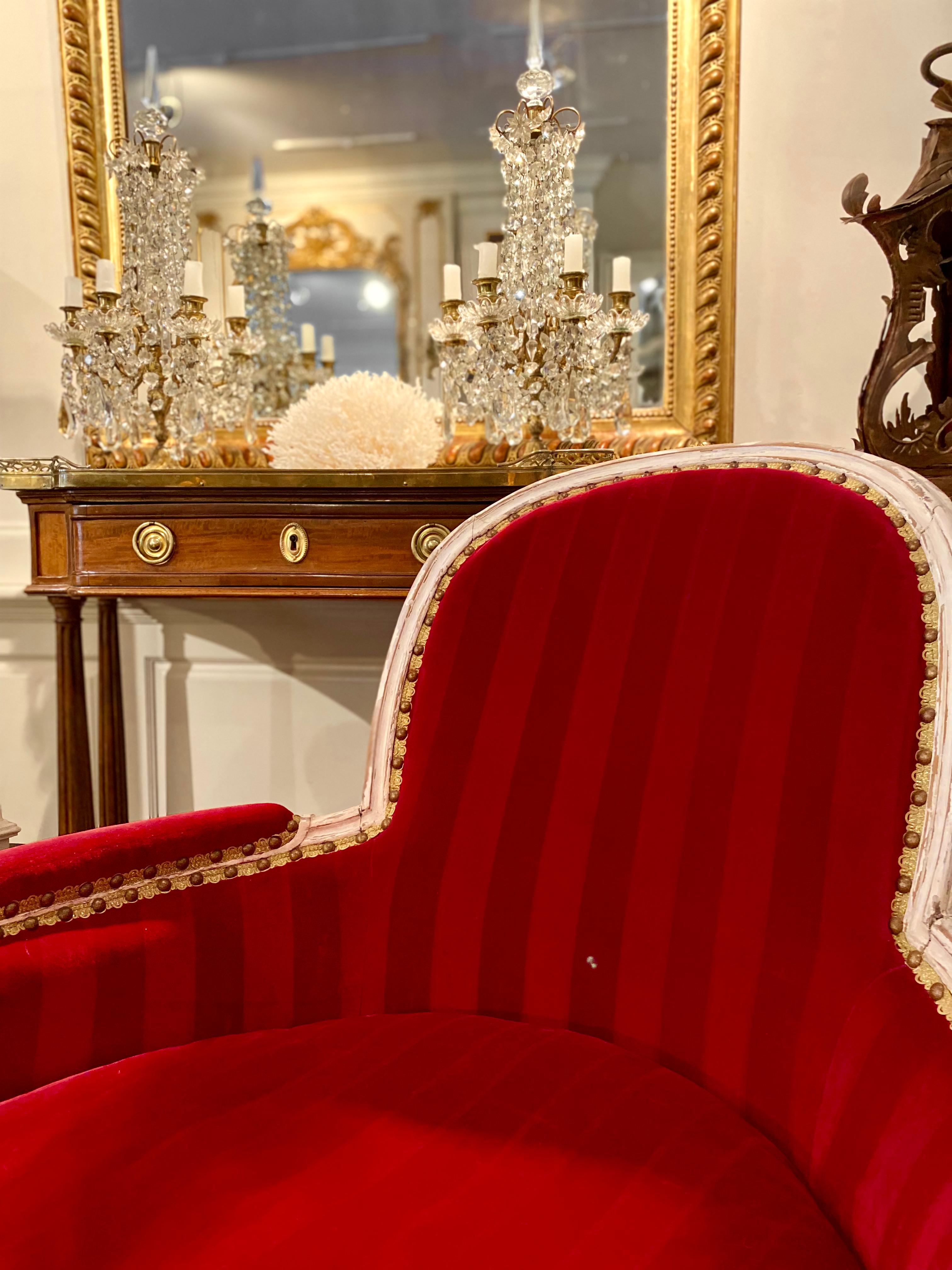 French Louis XVI Style Bergère Armchair Upholstered Red Velvet, 18th Century 5