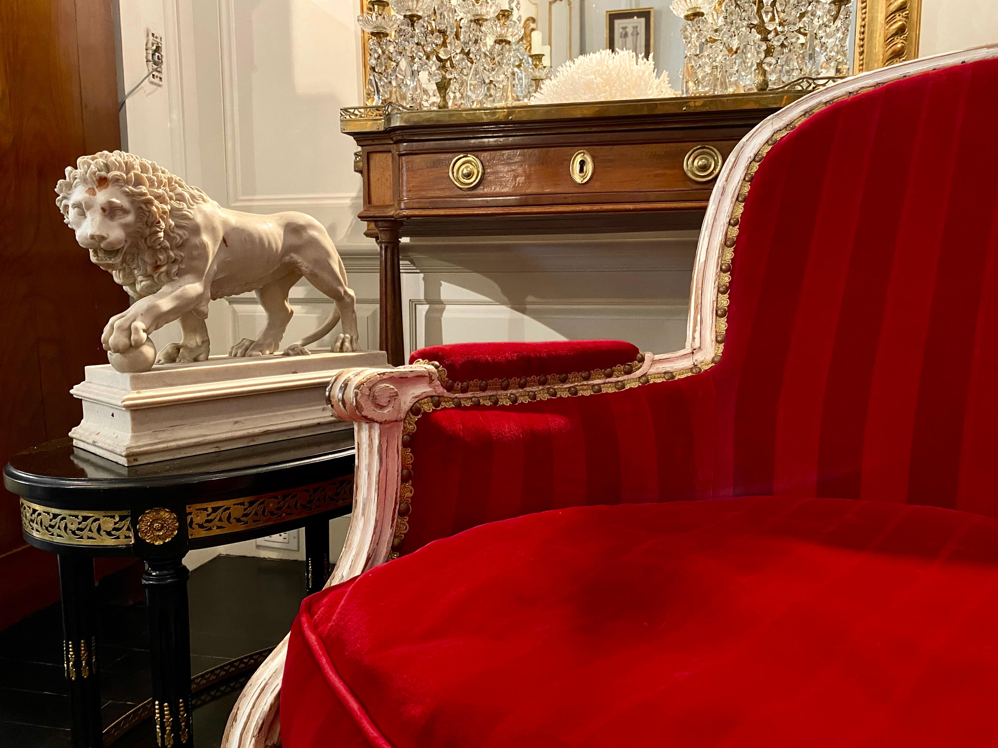 French Louis XVI Style Bergère Armchair Upholstered Red Velvet, 18th Century 12
