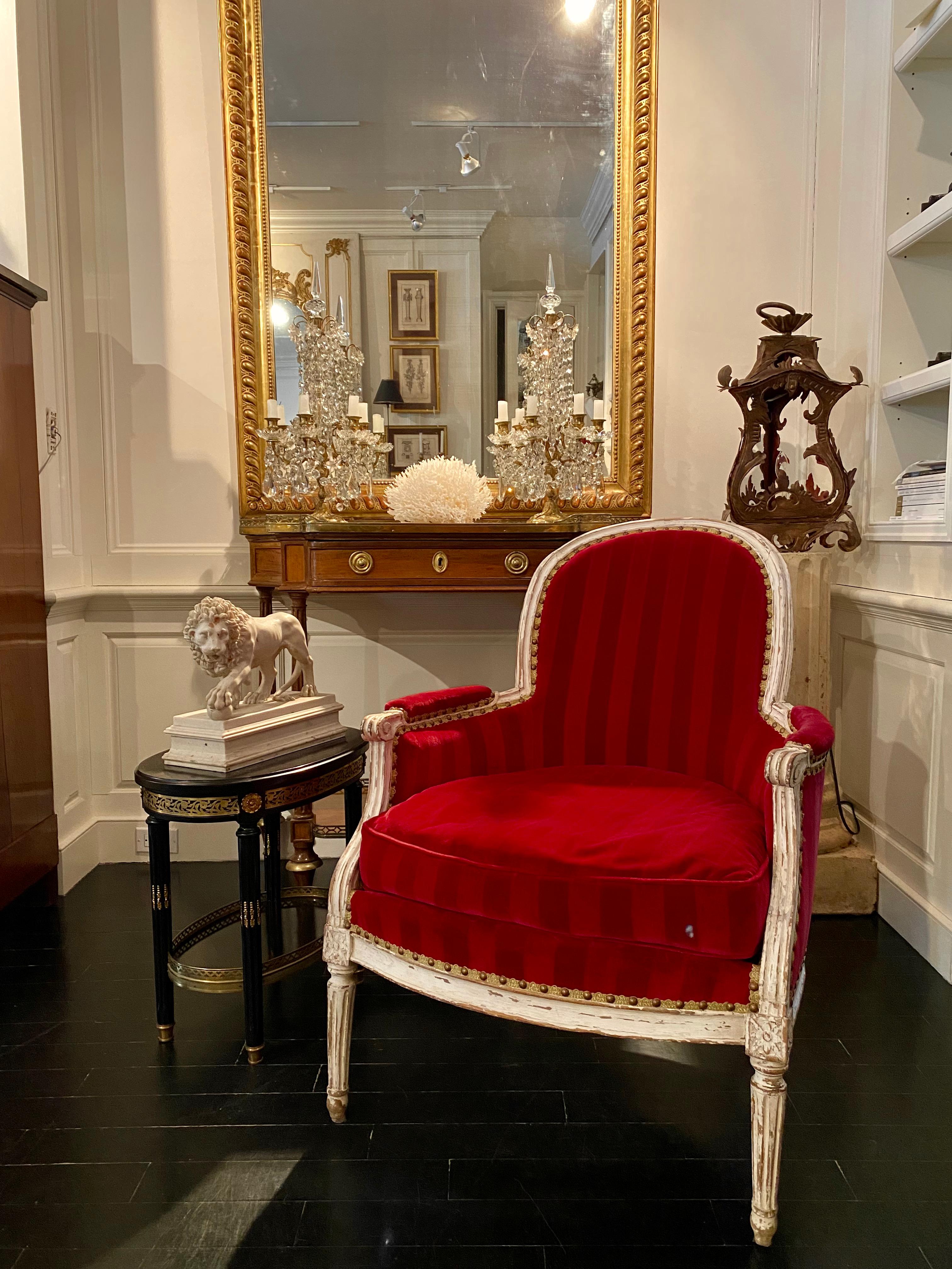 French Louis XVI Style Bergère Armchair Upholstered Red Velvet, 18th Century 15