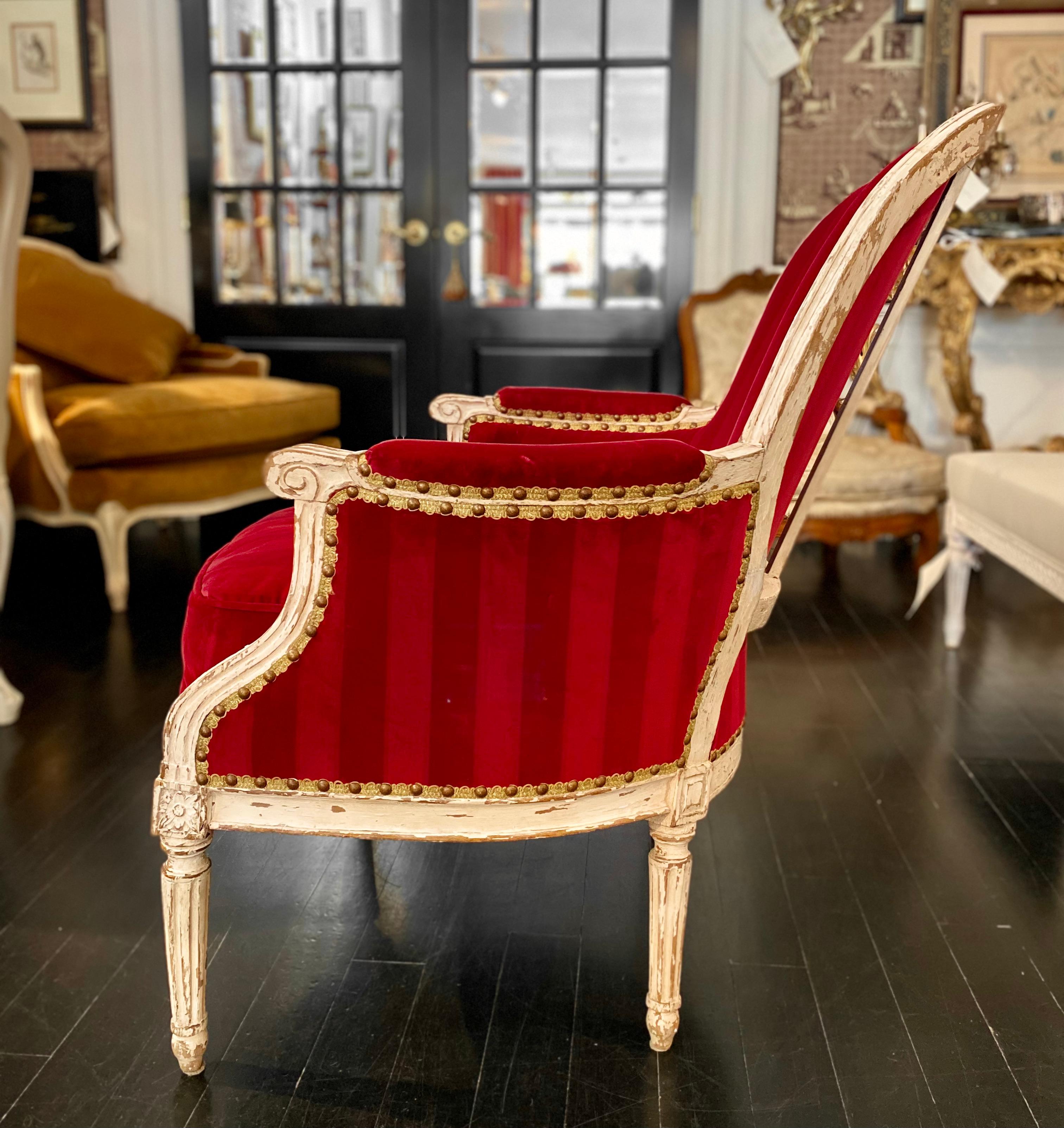 Painted French Louis XVI Style Bergère Armchair Upholstered Red Velvet, 18th Century