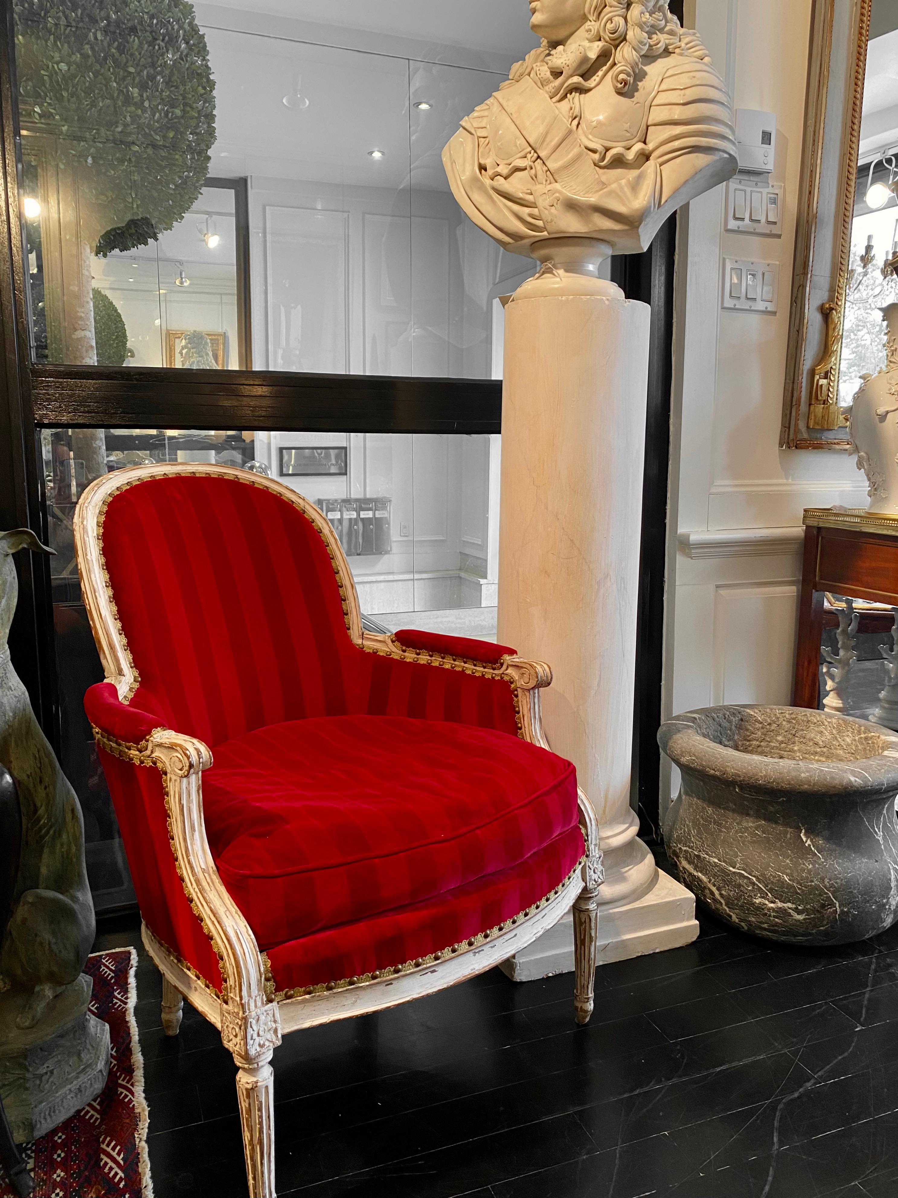 18th Century and Earlier French Louis XVI Style Bergère Armchair Upholstered Red Velvet, 18th Century