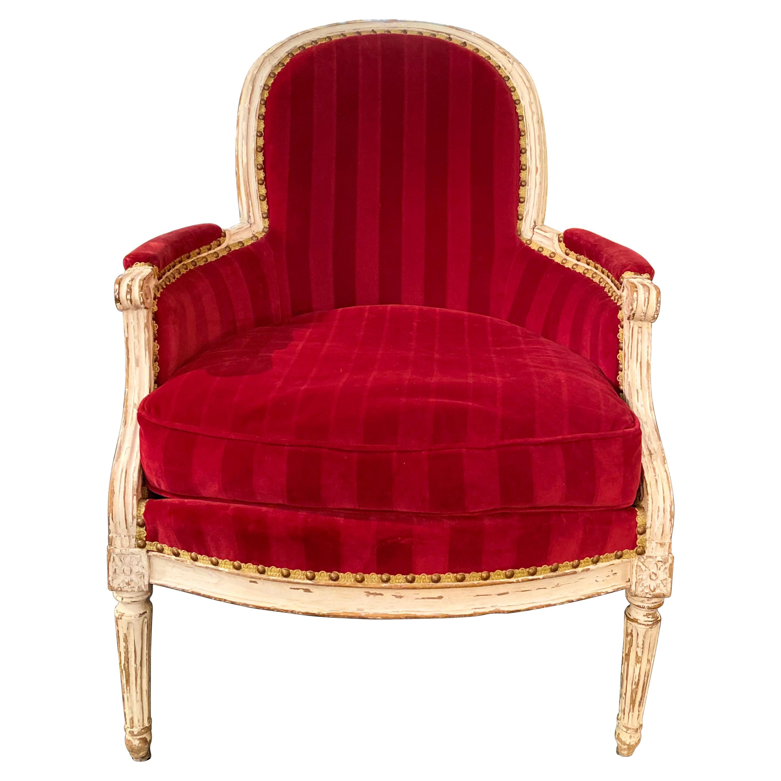 French Louis XVI Style Bergère Armchair Upholstered Red Velvet, 18th Century