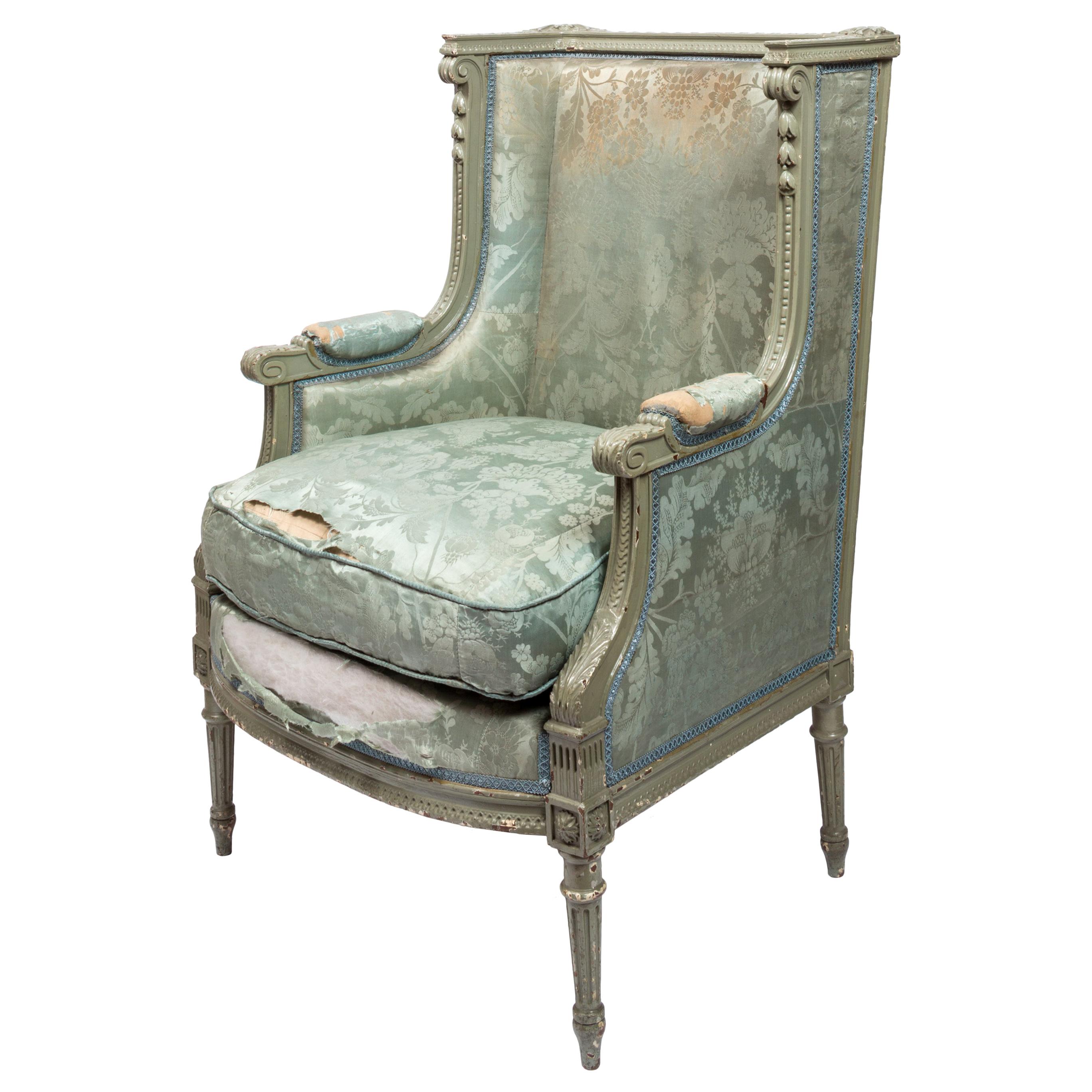 French Louis XVI Style Bergère Armchair with Distressed Fabric
