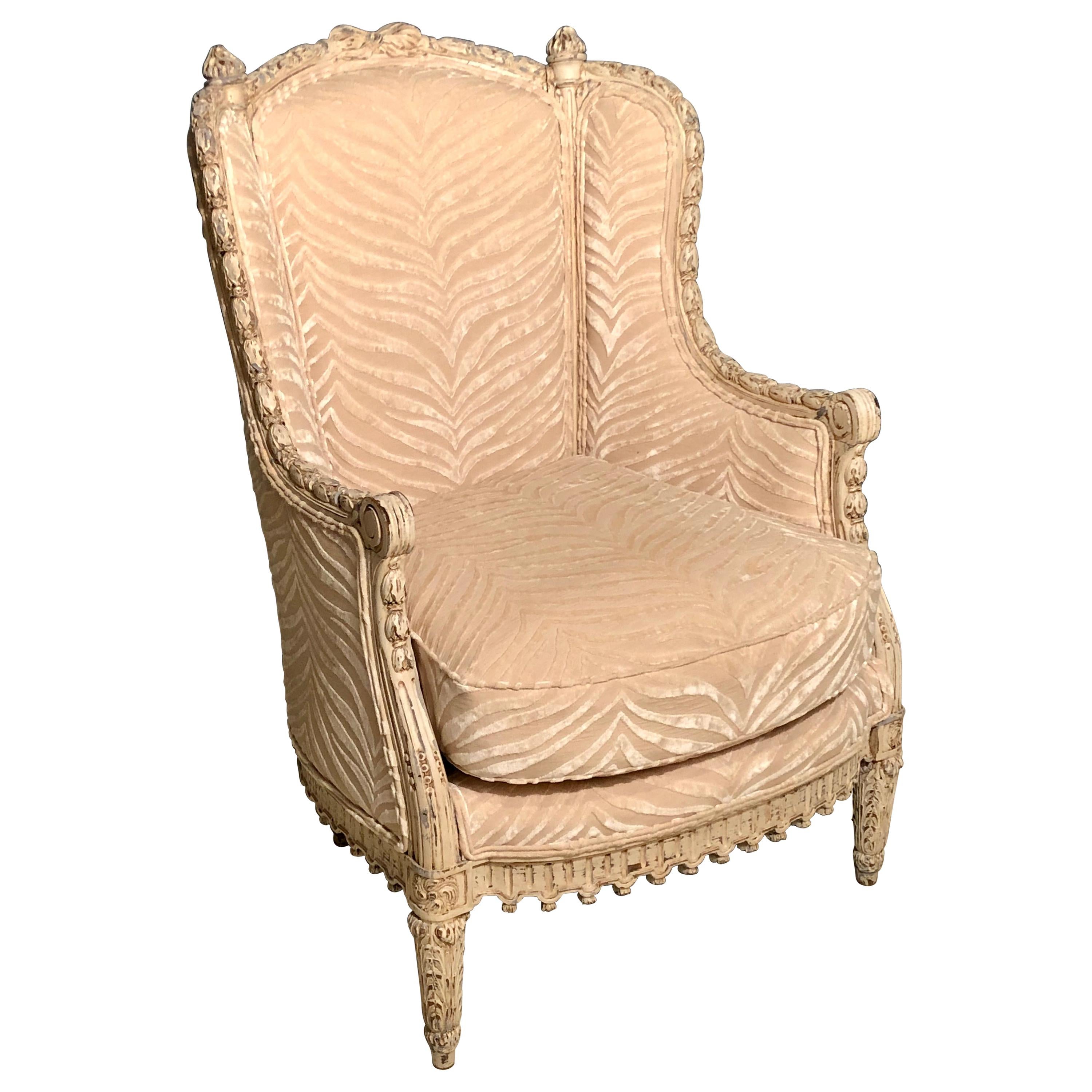 Jansen Style, Louis XVI, French Armchair, Ivory Painted Wood, Silk, 1930s For Sale