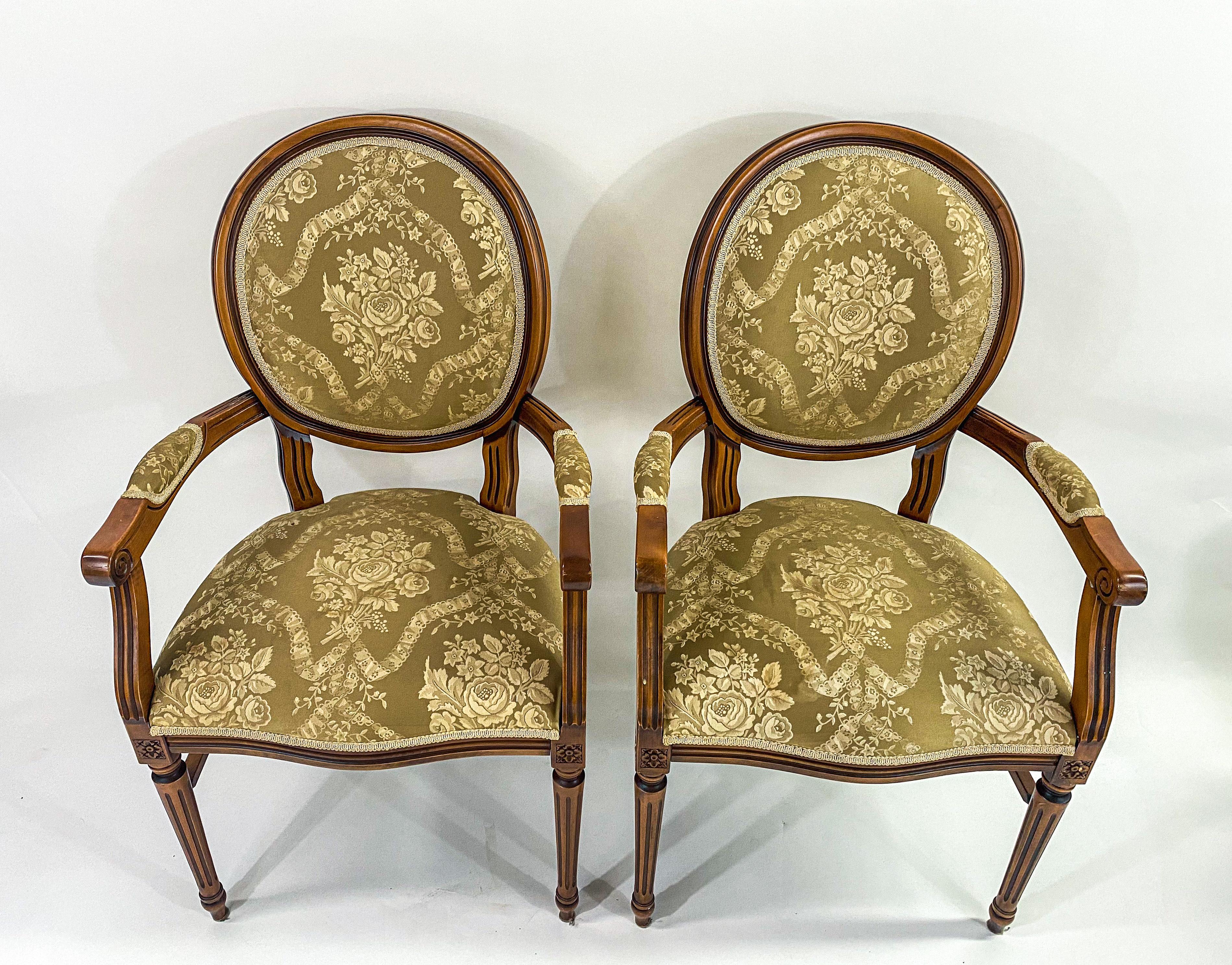 French Louis XVI Style Bergere Chair with Green Floral Upholstery, a Pair In Good Condition In Plainview, NY